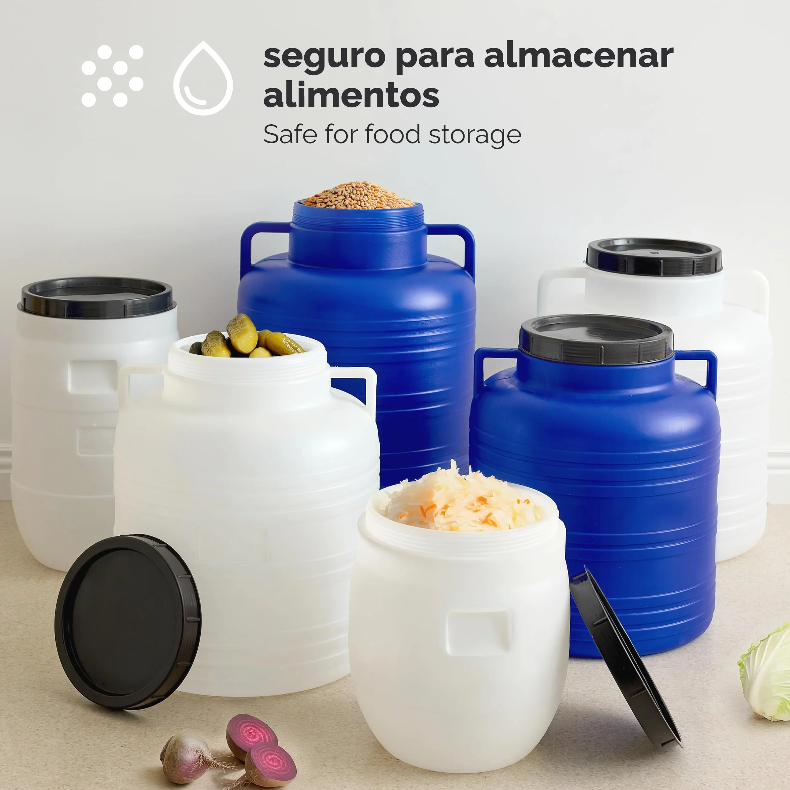 Garronda 60 litros Barril BPA-Libre Boca Ancha Depósito Agua Contenedor Tapa Sauerkraut Cuba Lluvia Salmuera Carne Blanco