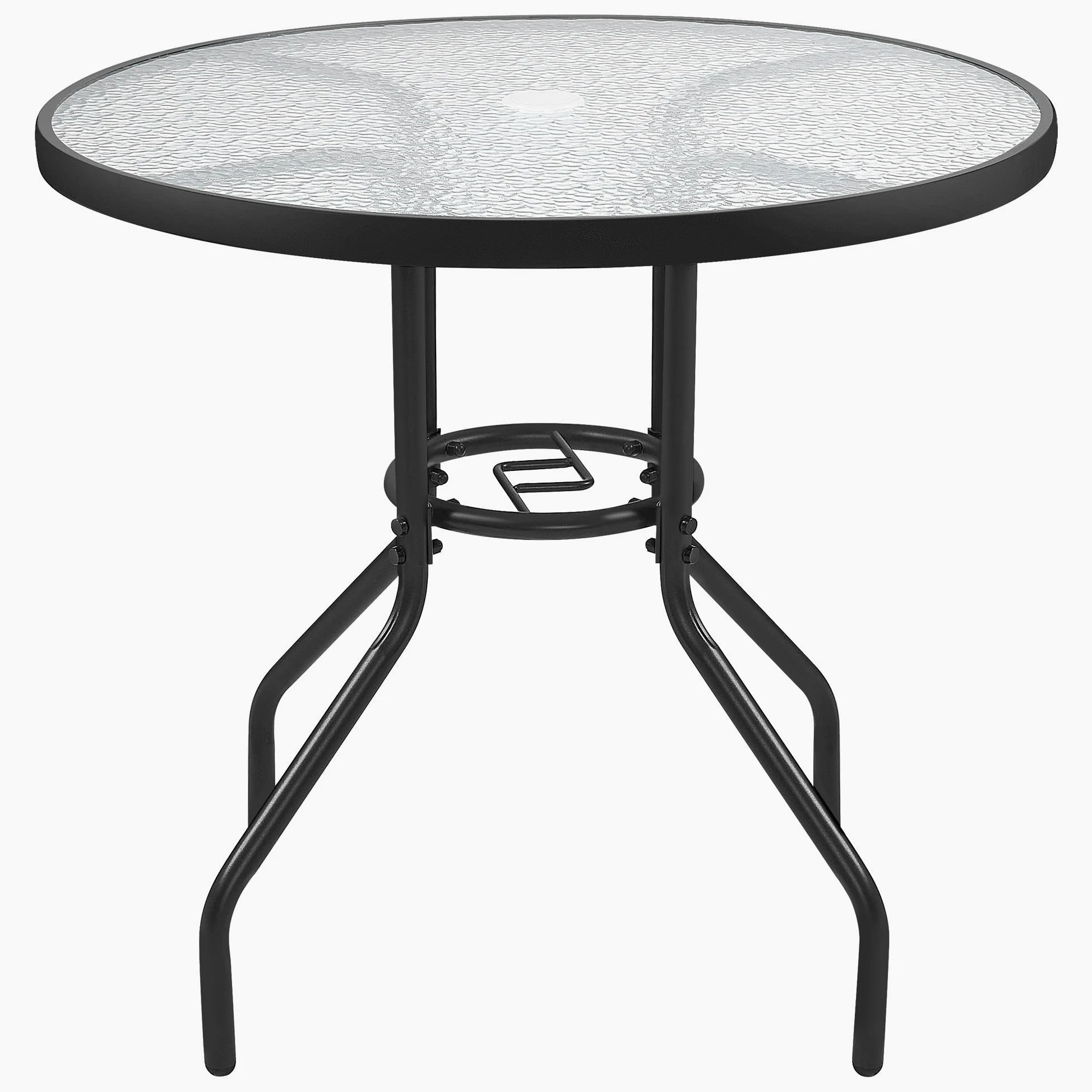 Yaheetech Mesa de Jardín 70cm de Diámetro Redonda de Vidrio Alto 73cm Negro | Vidrio Templado, con Orificio, Marco Duradero, Soporte Estable, Capacidad 45 kg, para Terraza/Jardín/Cafetería/Restaurante