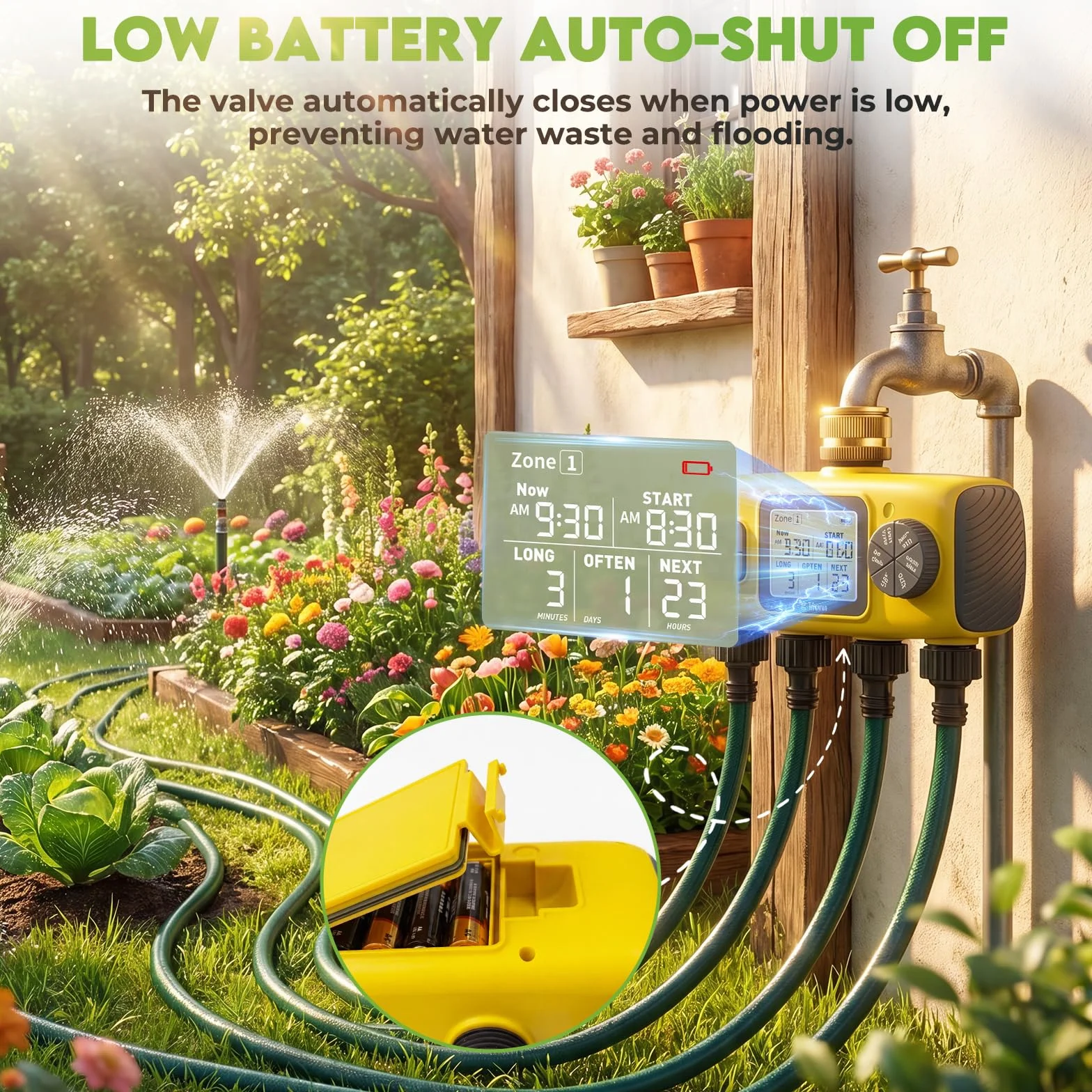Programador Riego Automático 4 Entradas de Agua, Controlador de Latón con Pantalla LCD, IP65 Impermeable
