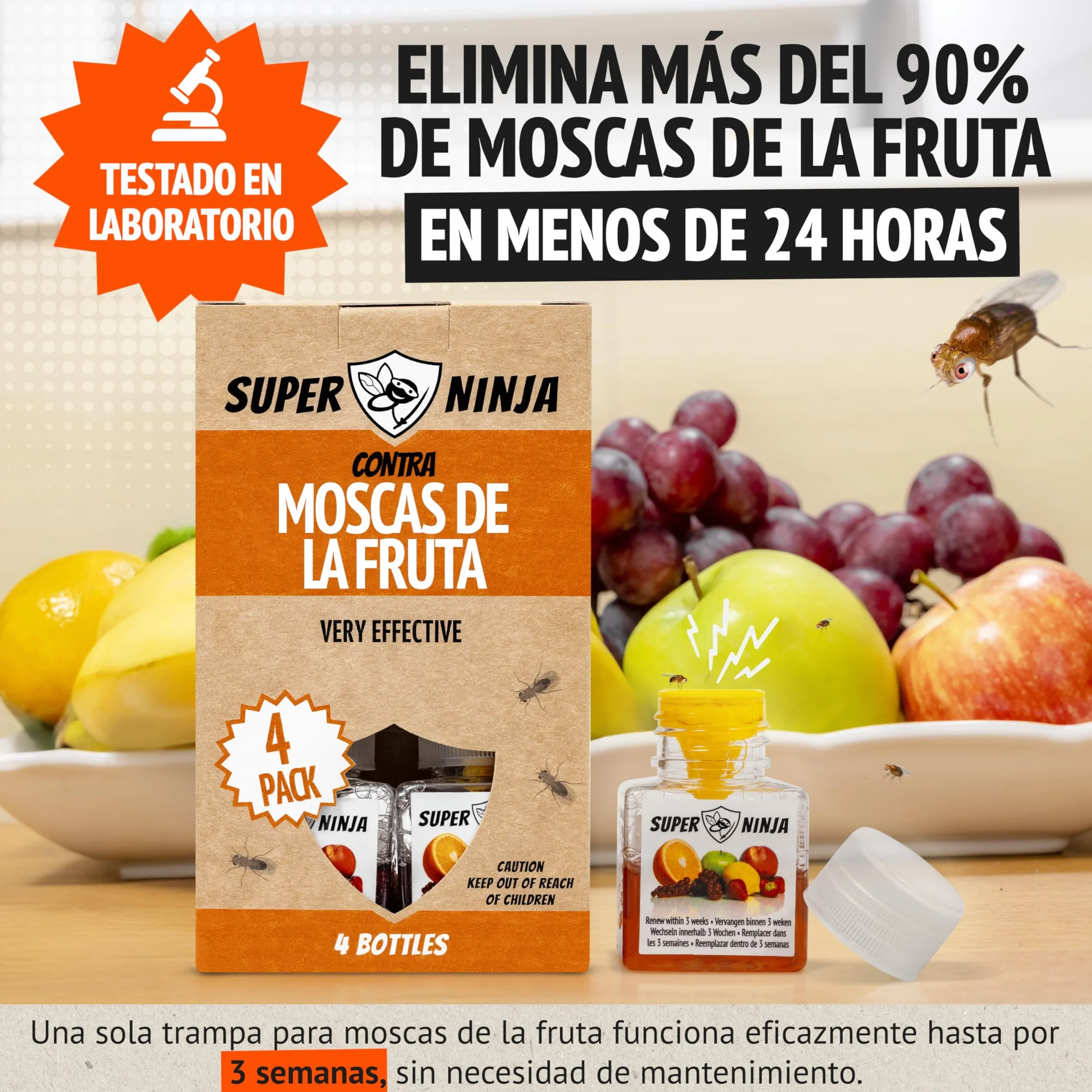 Trampas para Moscas de la Fruta Pack de 4, Trampa para Moscas Interior Hogar y Cocina, Cebo Líquido Efectivo