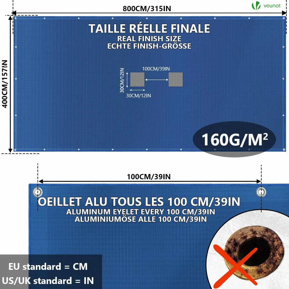 VOUNOT Lona para Piscina Rectangular 8x4 m Cubierta Protectora PE 160 g/m² Anti-UV Ojales Cada 100 cm Azul-Gris