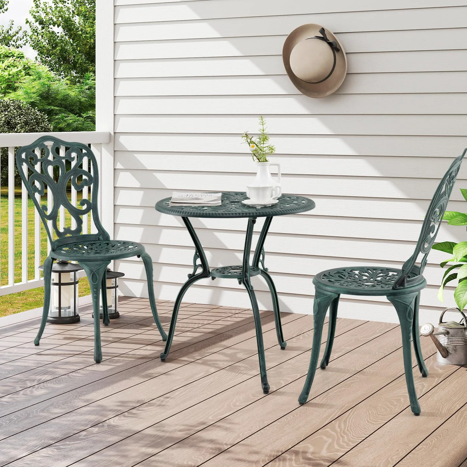 COSTWAY Conjunto Jardin Exterior 3 Piezas Sillas Mesa Aluminio Fundido Agujeros Sombrilla