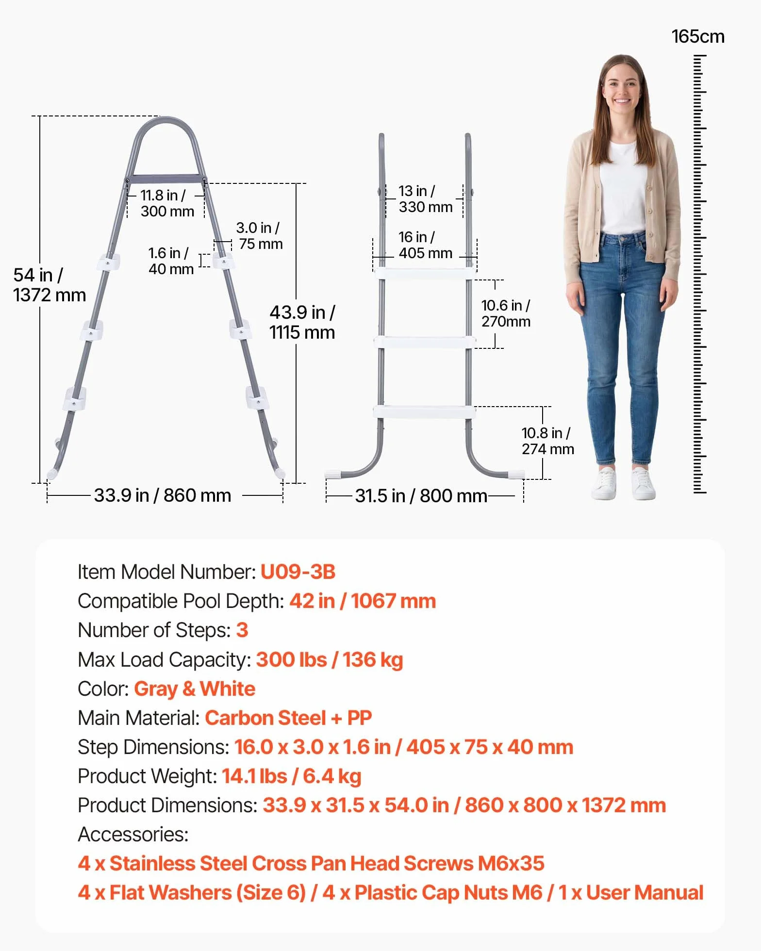 VEVOR Escalera para Piscina Desmontable 3 Peldaños 136 kg Acero al Carbono Antideslizante con Patas de Goma