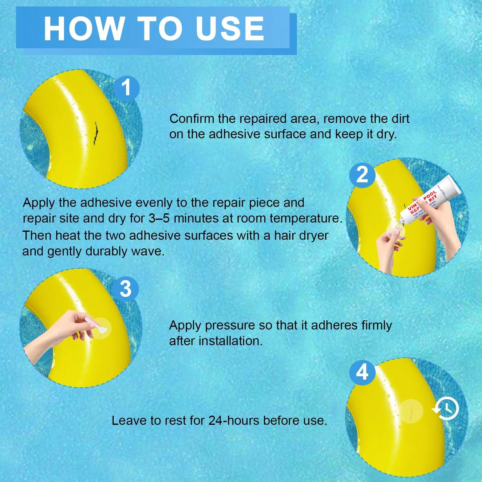 Kit de Reparación de Piscina, Parche Bajo Agua, PVC, Colchon Hinchable, Inflable