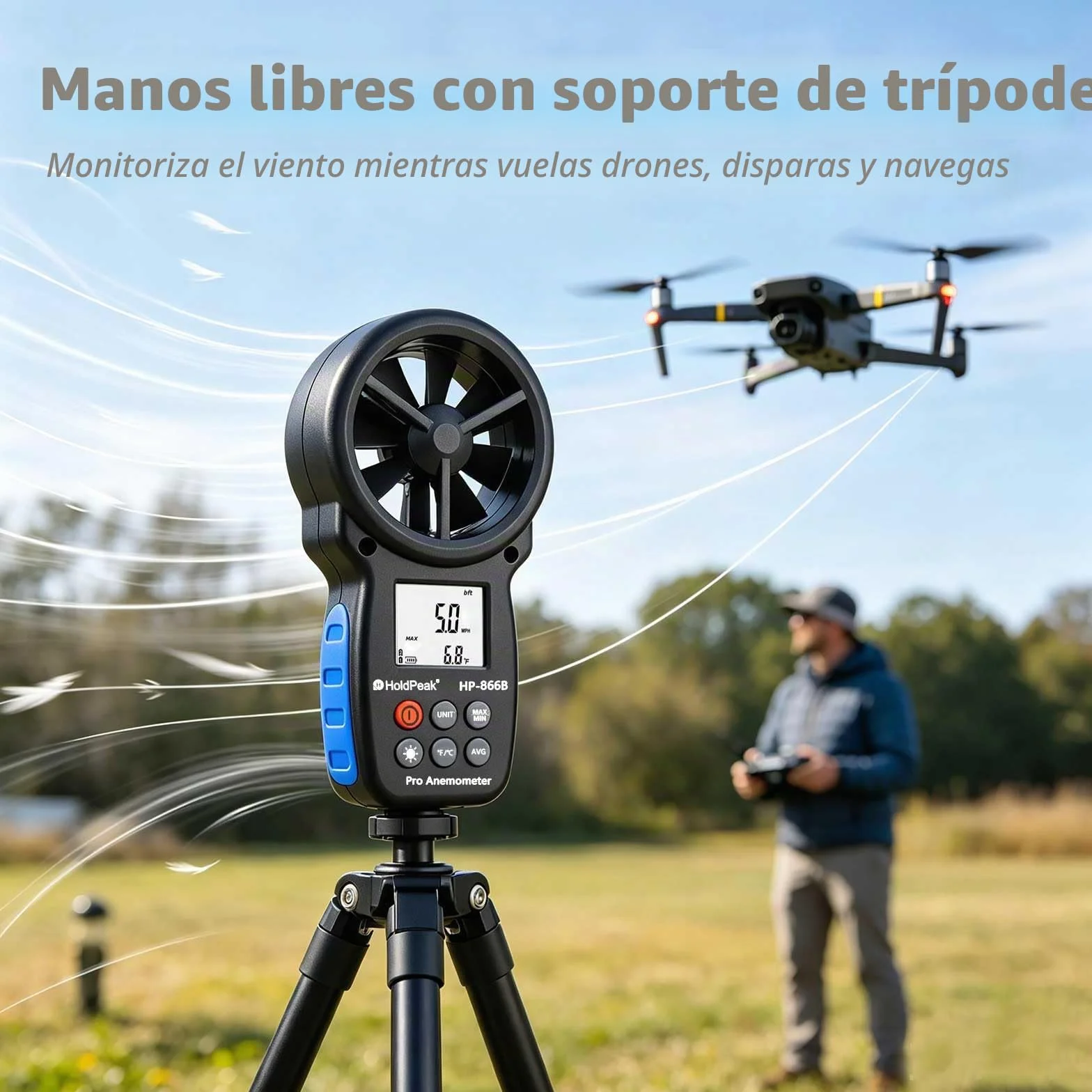 HoldPeak Anemómetro Digital HP-866B de Mano Medición Velocidad Viento Temperatura LCD
