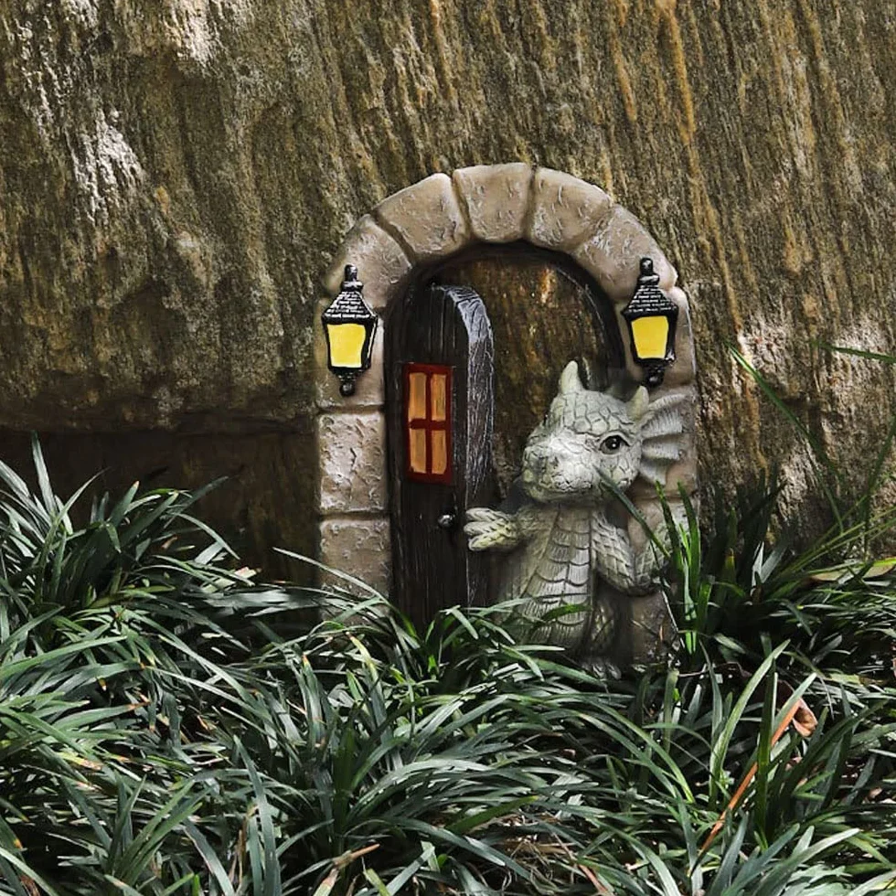 Guidre Estatua de Dragón Decorativa de Resina para Jardín, Adorno Colgante de Dinosaurio Open Door