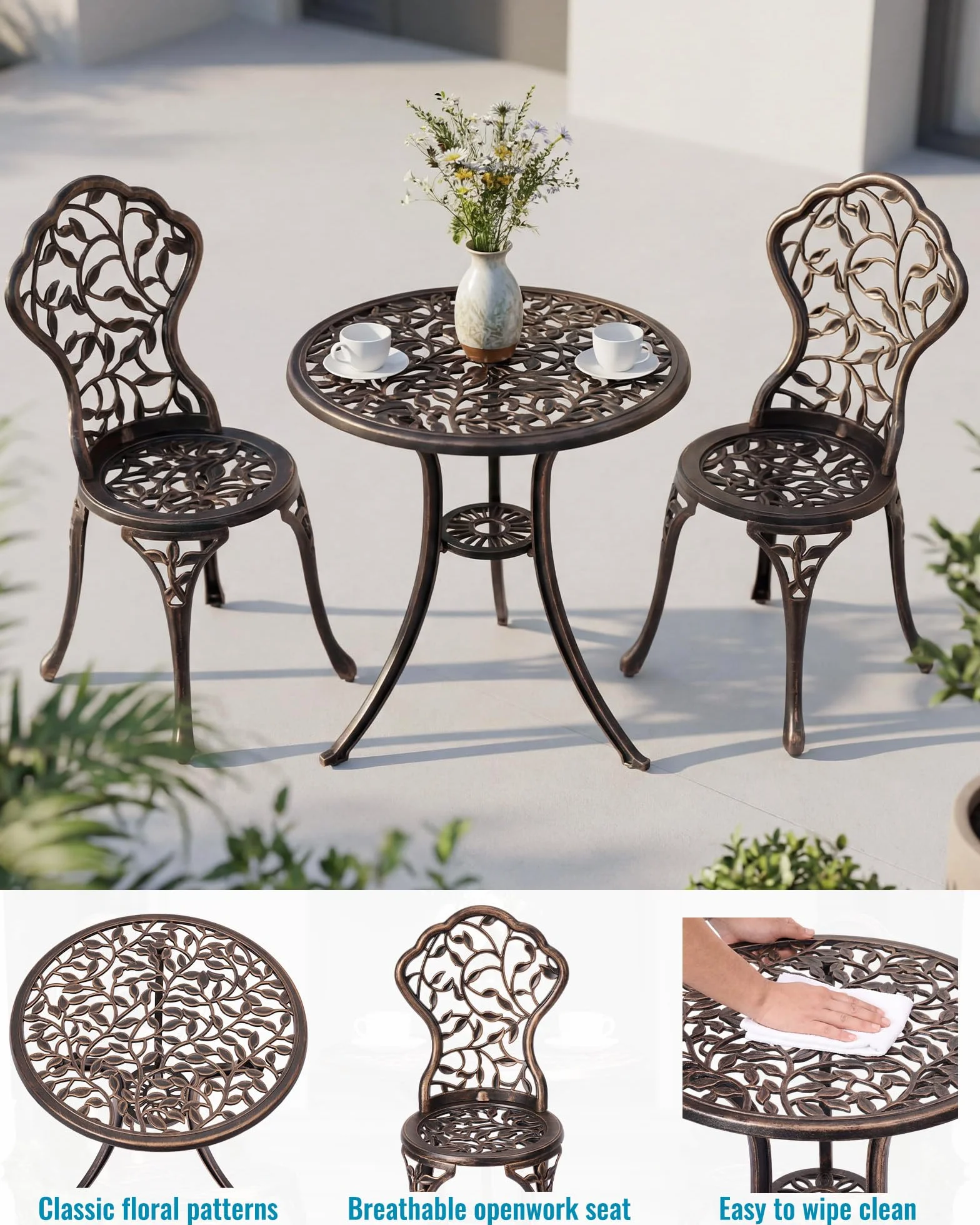Conjunto de Mesa y Sillas de Jardín 3 Piezas Aluminio Fundido Bronce