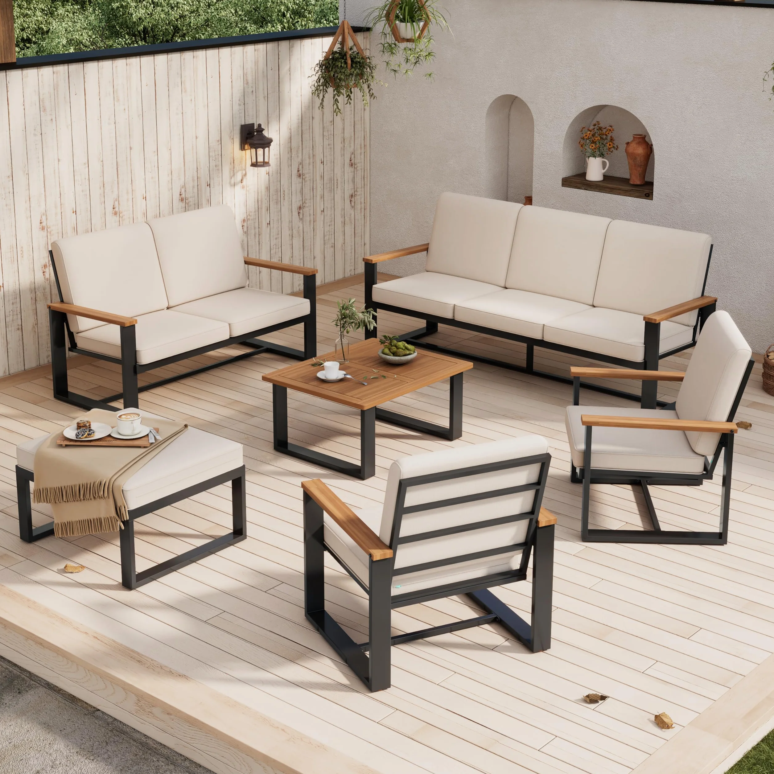 Soweiz Juego de muebles de jardín, 1 sofá de 3 plazas, 1 sofá de 2 plazas, 2 sofás de 1 plaza, mesa de centro y reposapiés, mesa de café y reposapiés, diseño sencillo, acero galvanizado, color beige
