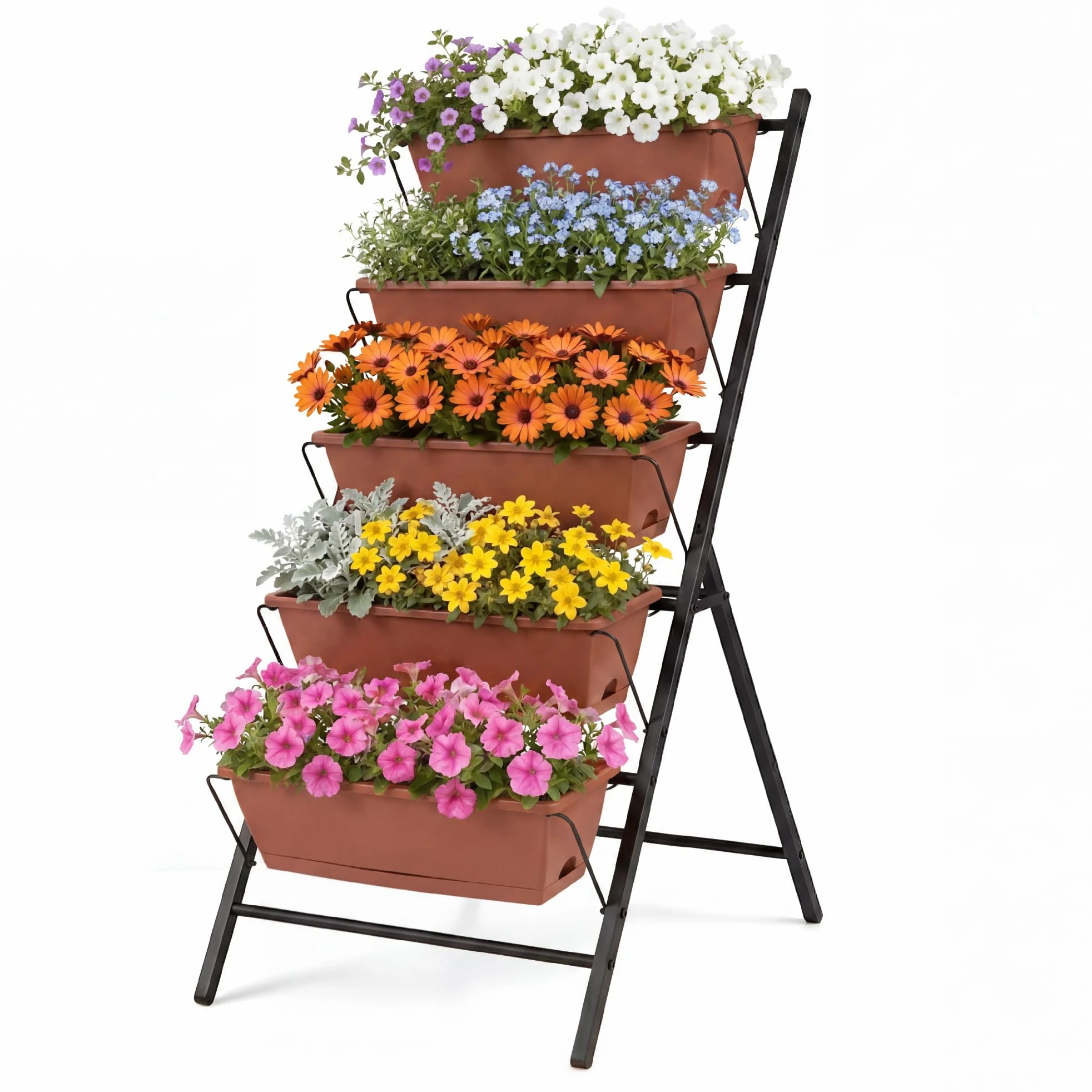 HOMASIS Jardinera Vertical de 5 Niveles, 57 x 71 x 115 cm (Rojo) | Huerto Vertical con Marco de Metal, Bandejas Extraíbles y Orificios de Drenaje, Macetero Elevada para Interiores y Exteriores