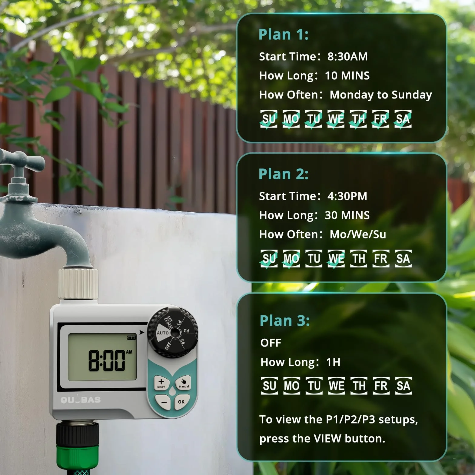 QUOBAS Temporizador de agua de baja presión, temporizador semanal programable con entrada y salida de latón para barril de lluvia, manguera de jardín, con válvula de bola y pantalla impermeable