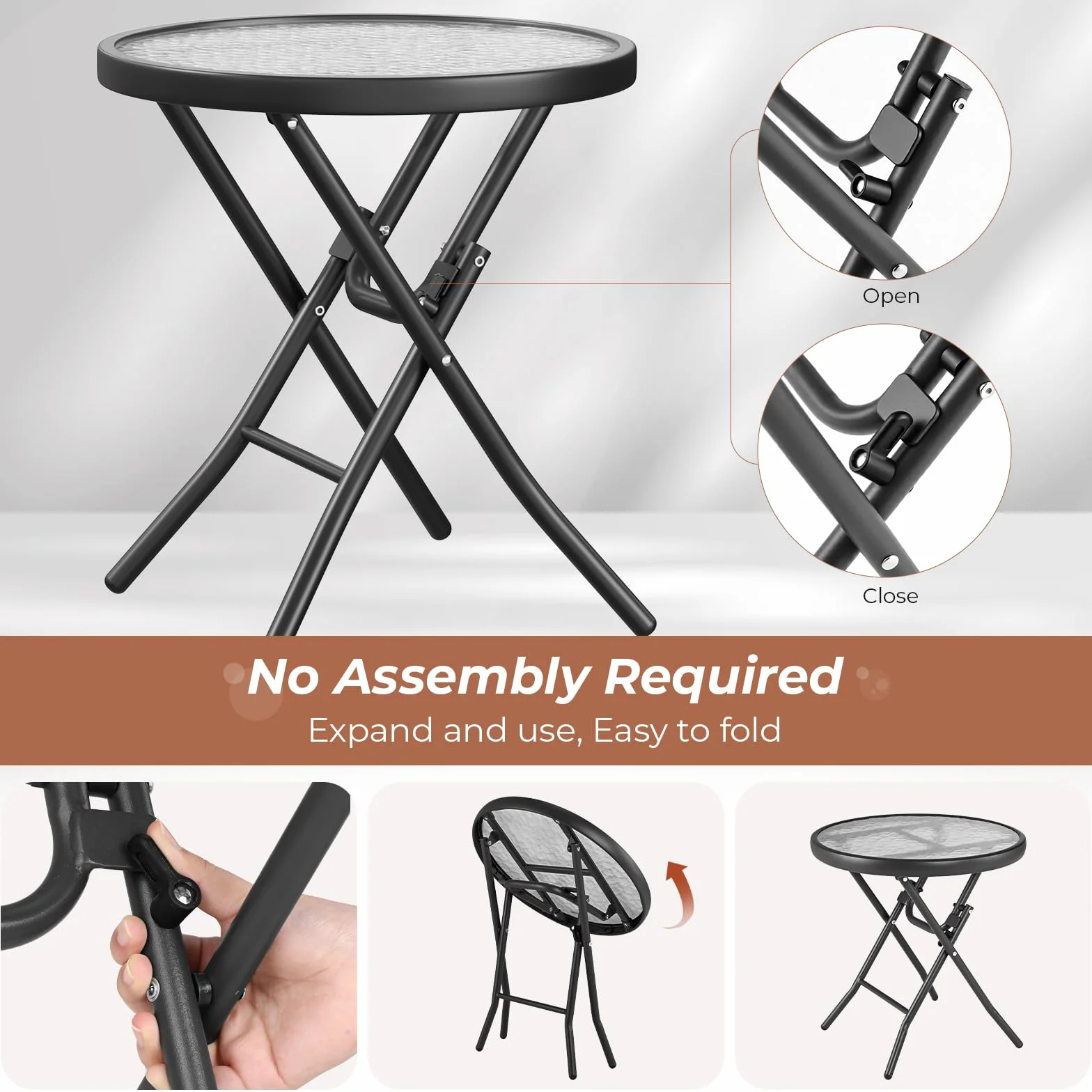 LIFERUN Set de Balcón 3 Piezas Metal, Bistró Plegable con 2 Sillas y Mesa de Vidrio, Muebles de Jardín Exterior Negro