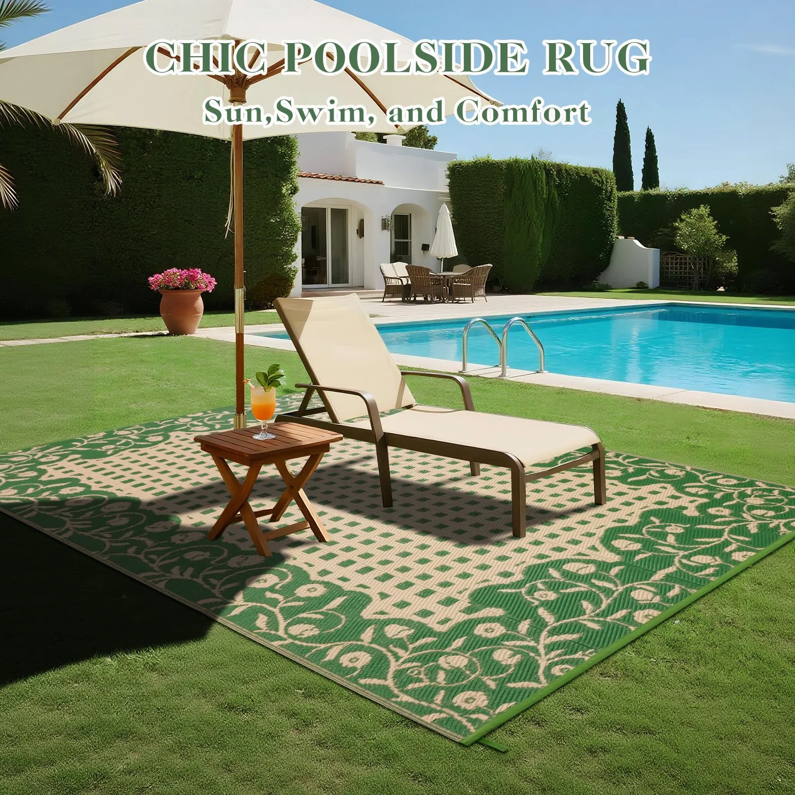 Alfombra de jardín impermeable 150 x 245 cm, reversible, plegable, plástico reciclado, resistente