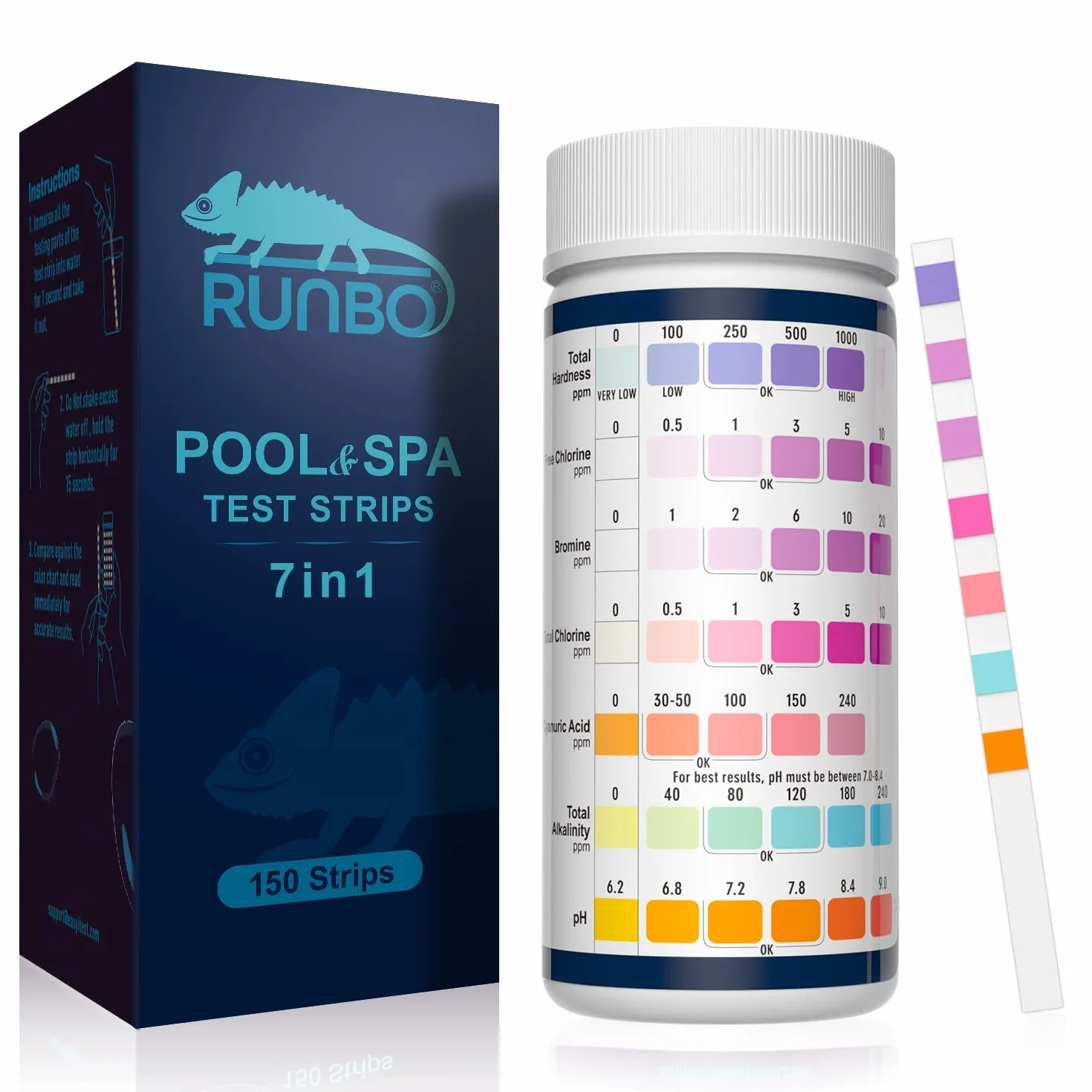 RUNBO 150 Tiras Reactivas de Prueba Piscina y Spa 7 en 1, Tiras Para Bañera de Hidromasaje pH Prueba, Alcalinidad, Dureza Total, Medidor Cloro Libre, Acido Cianurico,Cloro y Bromo