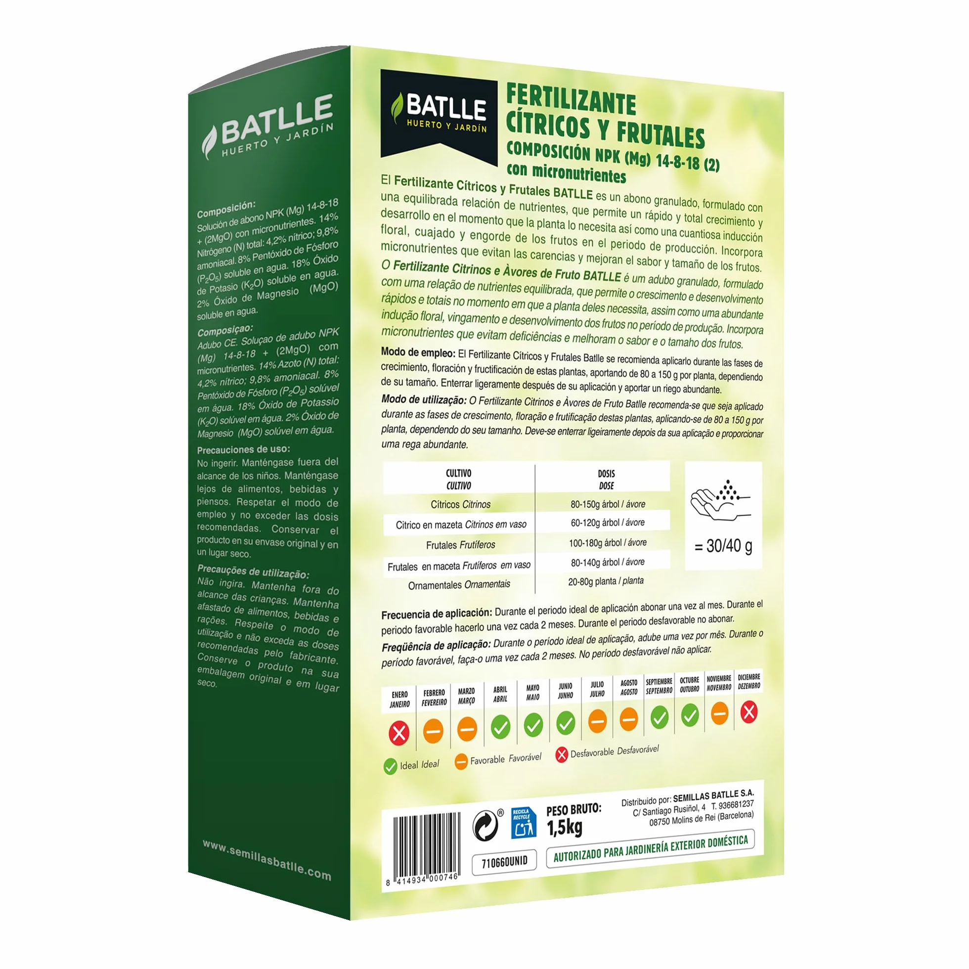 BATLLE Fertilizante Cítricos y Frutales Granulado 1,5 kg NPK 14-8-18 con Micronutrientes