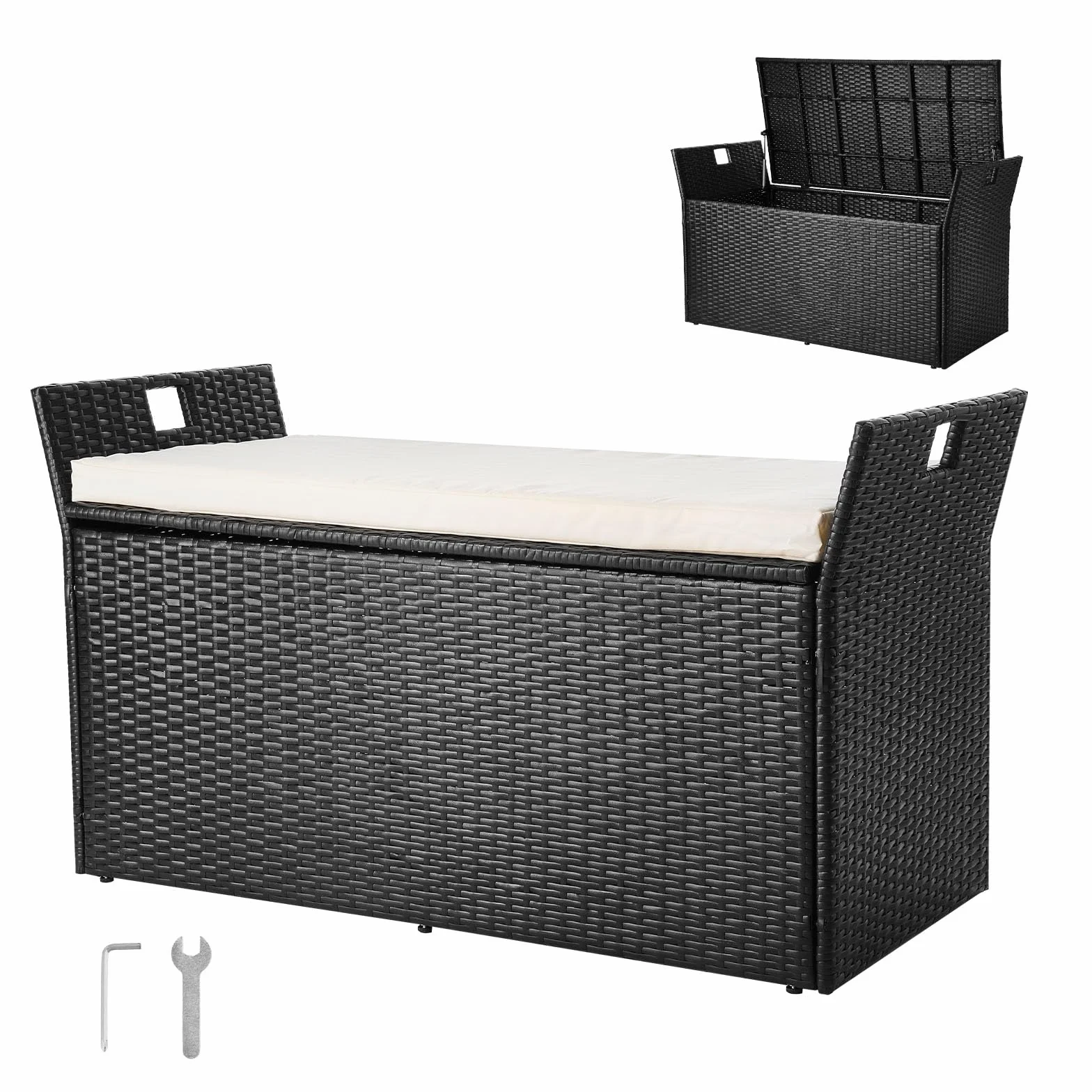VEVOR Baúl de Almacenamiento de Ratán Sintético 125x55x70 cm con Cojín para Exterior, Jardín