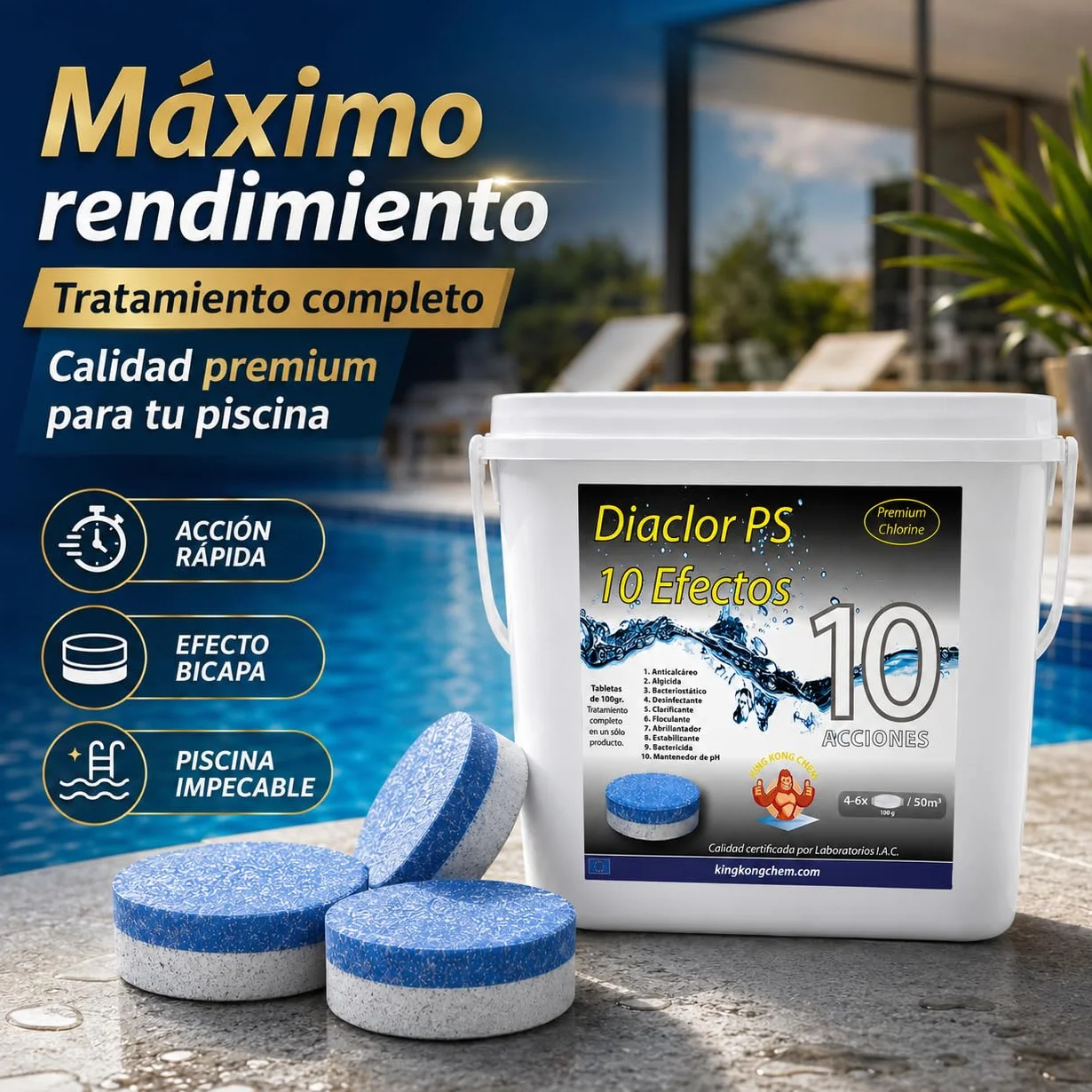 Cloro Total para Piscinas DIACLOR PS 5 KG - 50 Pastillas de Cloro Multiacción 100 gr