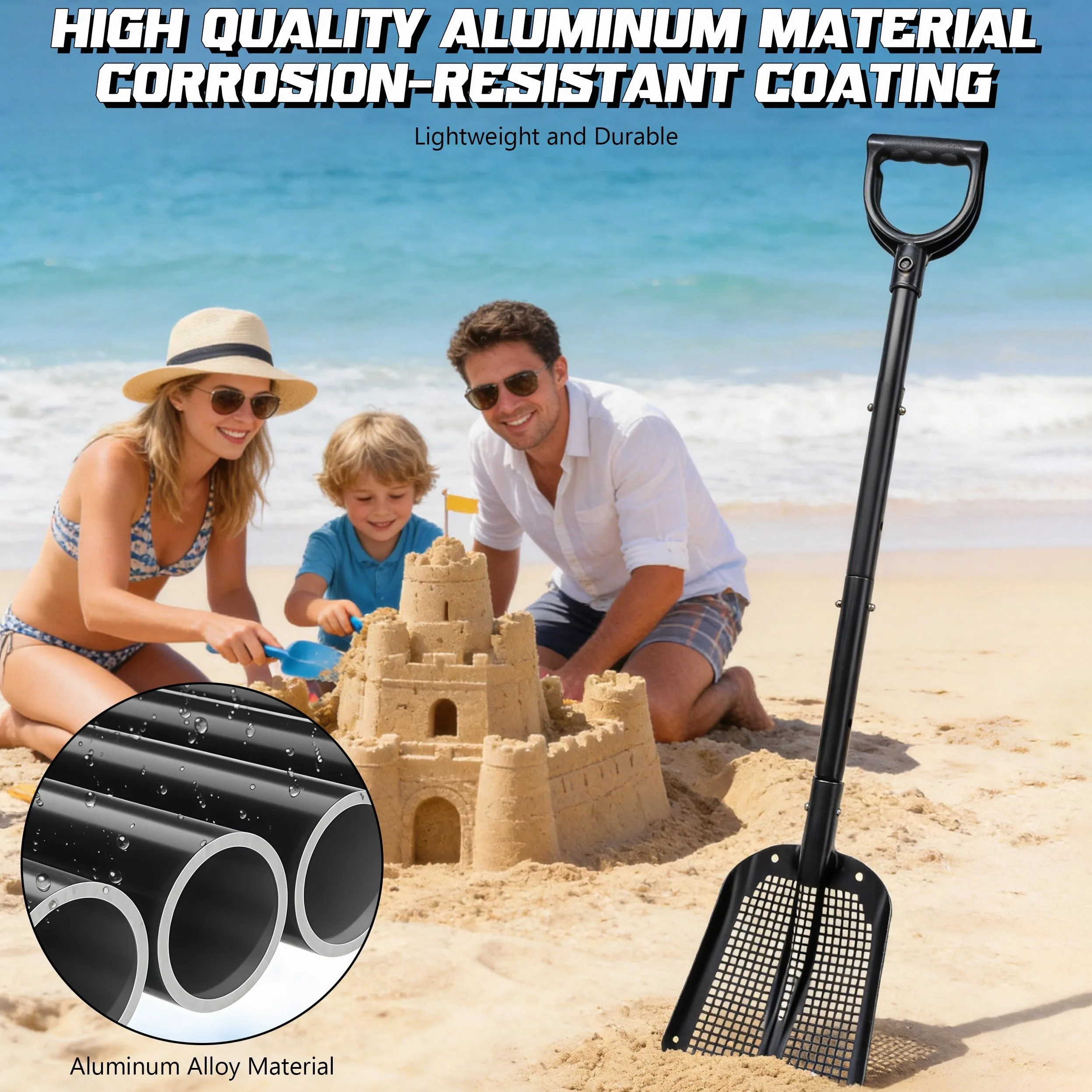Colador portátil con Mango Ajustable de 59 – 118 cm, colador de jardín | aleación de aluminio, pala de arena, pala de playa, jardín para búsqueda del tesoro, limpieza de gallinero, siete de grava