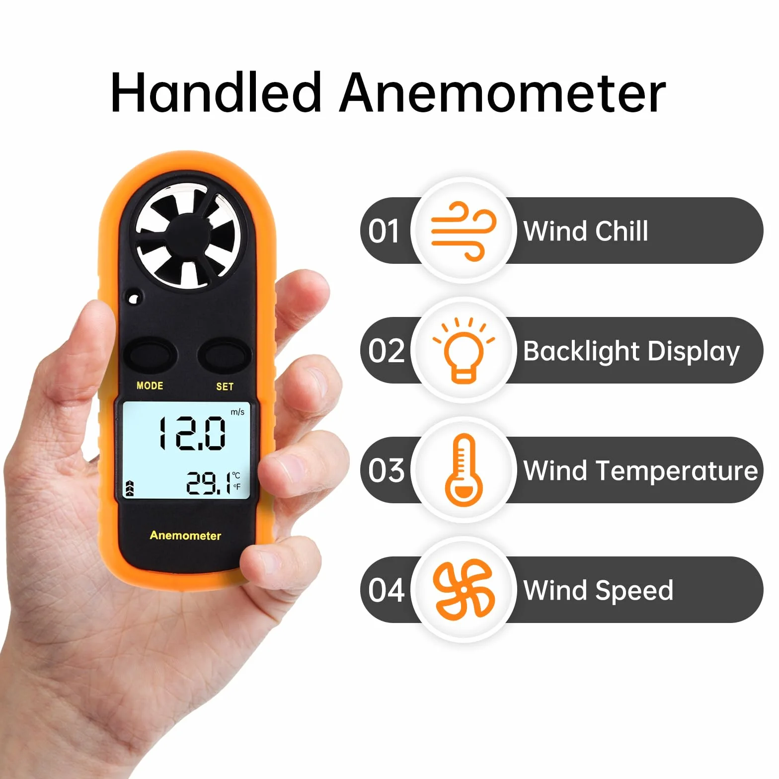 Anemómetro de mano digital con pantalla LCD, medidor de velocidad del viento MAX/MIN/AVG para cometas y meteorología