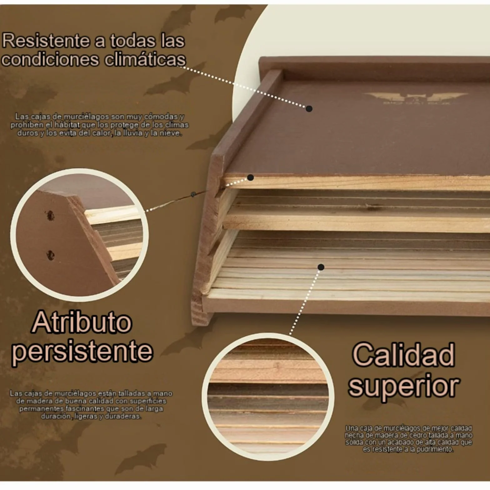 Casas de murciélago de Madera para Exteriores, Gran Caja de murciélagos Pesada, Refugio De Madera Maciza Casa Grande para Murciélagos con Techo Soportes De Protección Natural