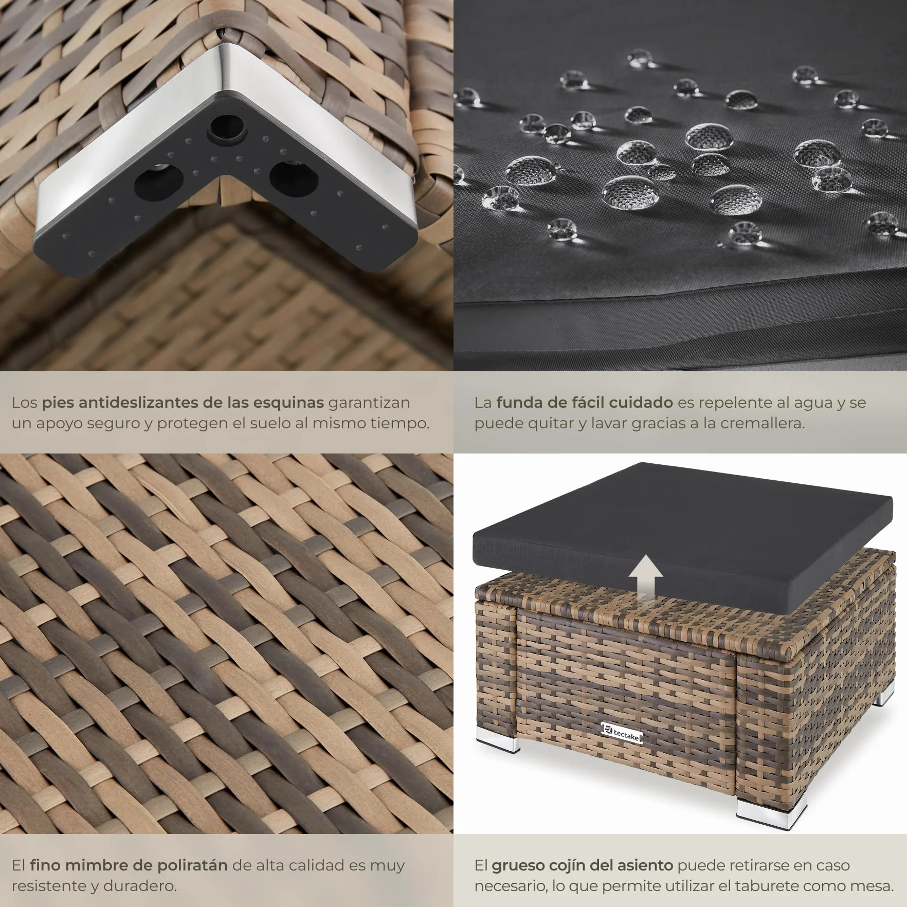 TecTake® Taburete de Ratán y Acero, Muebles Jardín Exterior Resistentes a Intemperie, Puf con Cojines Extraíbles