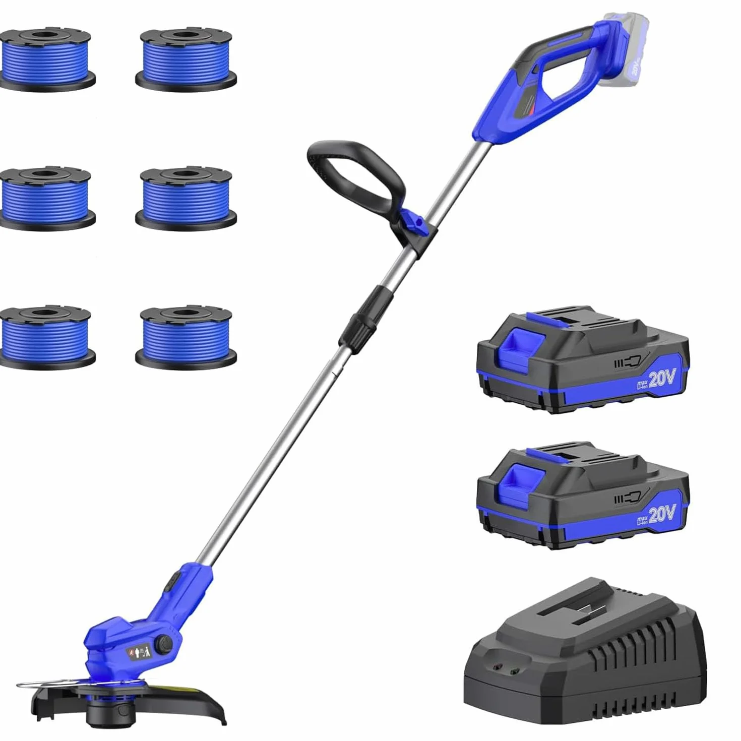 Desbrozadora inalámbrica de 20 V con 2 baterías de 2.0 Ah y cargador rápido, desbrozadora de césped ultraligera (1,9 kg), ancho de corte de 30 cm, 9000 RPM, alimentación automática de línea, incluye 2