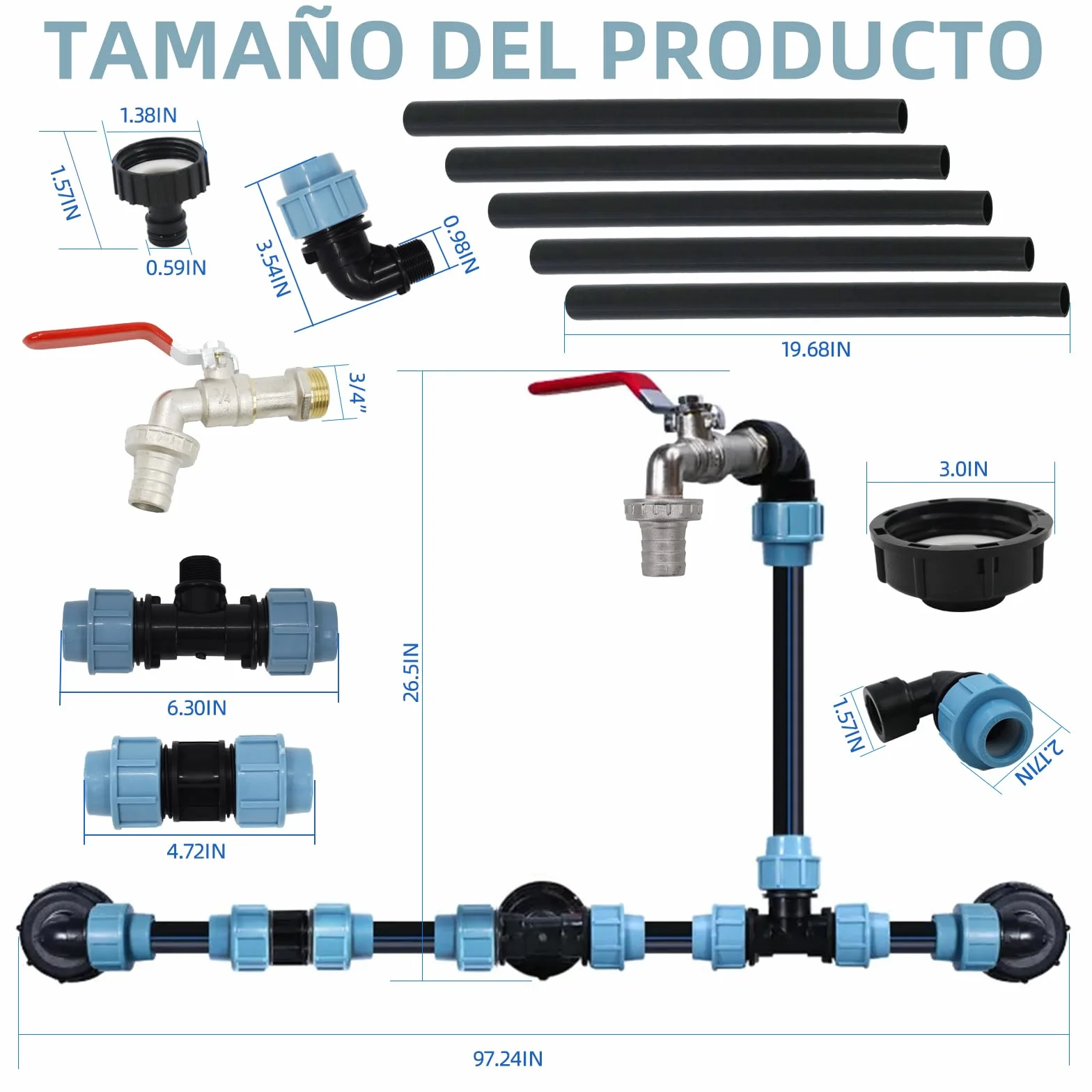 Kit de conexión para 3 depósitos IBC, grifo 3/4", conexión de manguera, riego de jardín