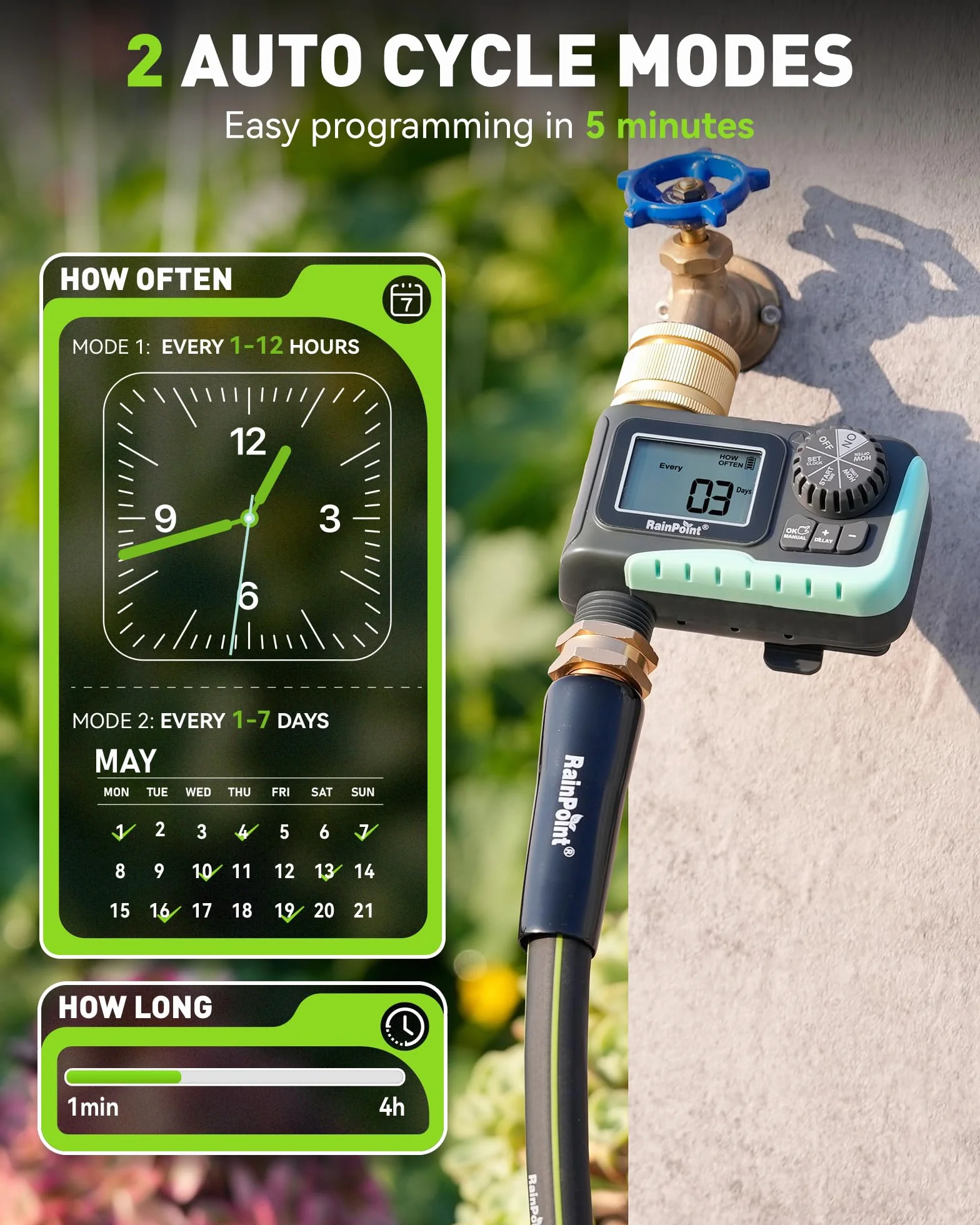 RAINPOINT Programador de Riego Automático con Entrada de Latón, Temporizador con Retraso por Lluvia, Alto Flujo