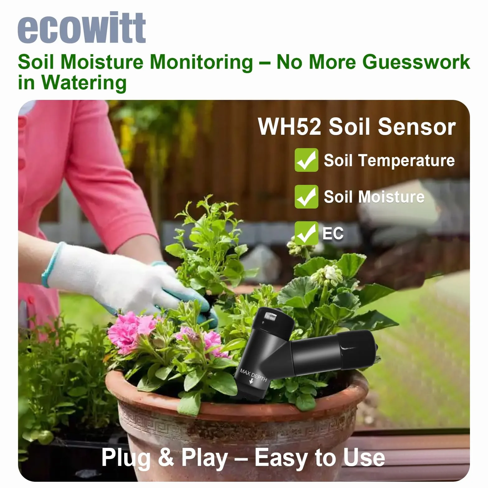 ECOWITT WH52 Sensor de Humedad del Suelo 3 en 1 16 Canales + EC + Temperatura, Higrómetro para Plantas Interior/Exterior
