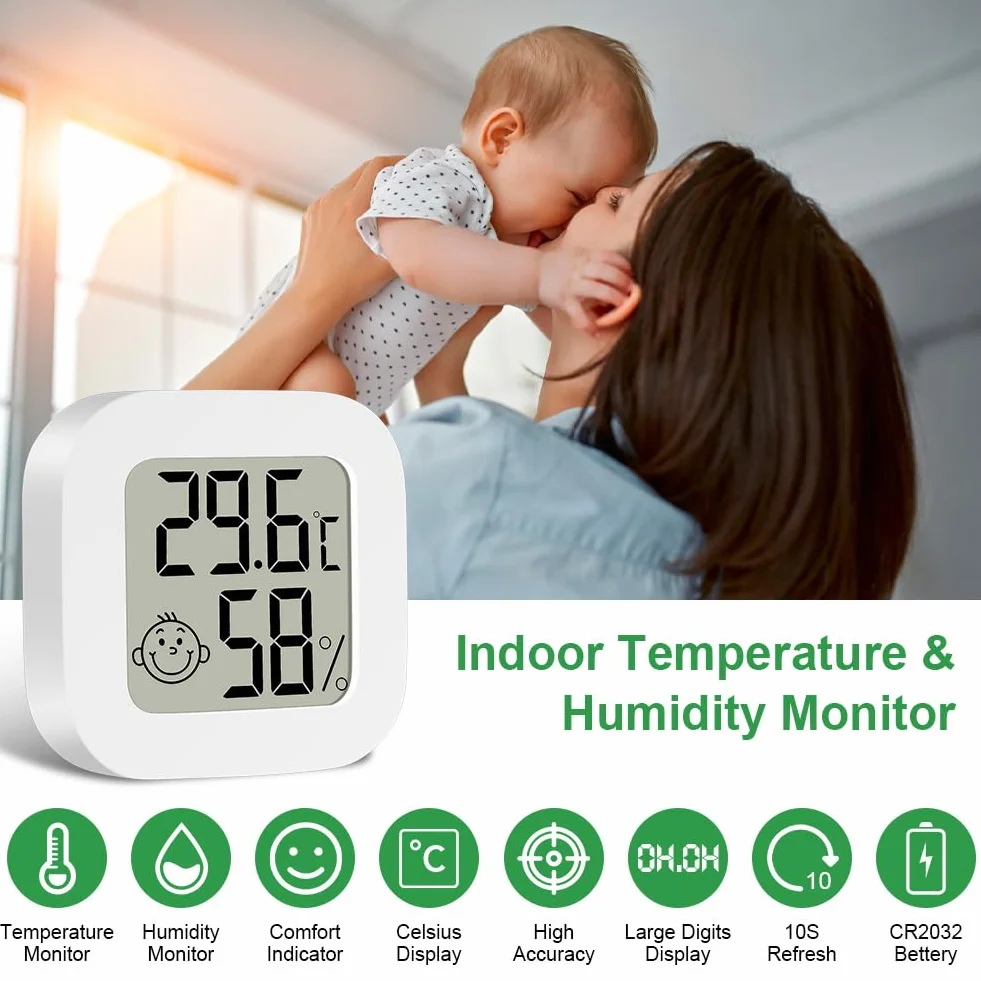 Ainiv Higrometro Digital Termometro, Mini Termometro Interior del Higrometro, Pantalla LED con Logo de Confort, Blanco