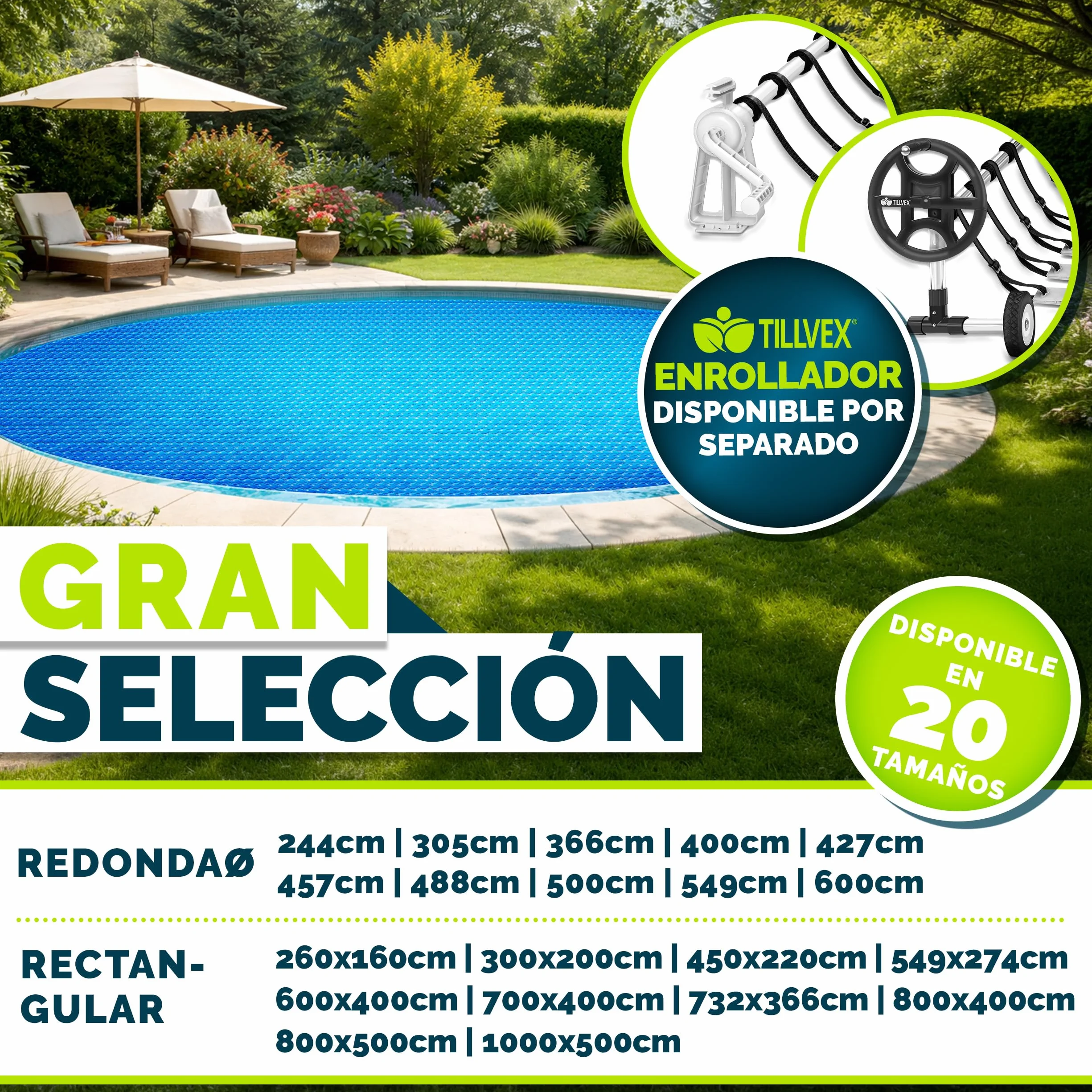Tillvex Lona Solar para Piscina 400 µm Rectangular 700 x 400 cm Cubierta Solar Térmica