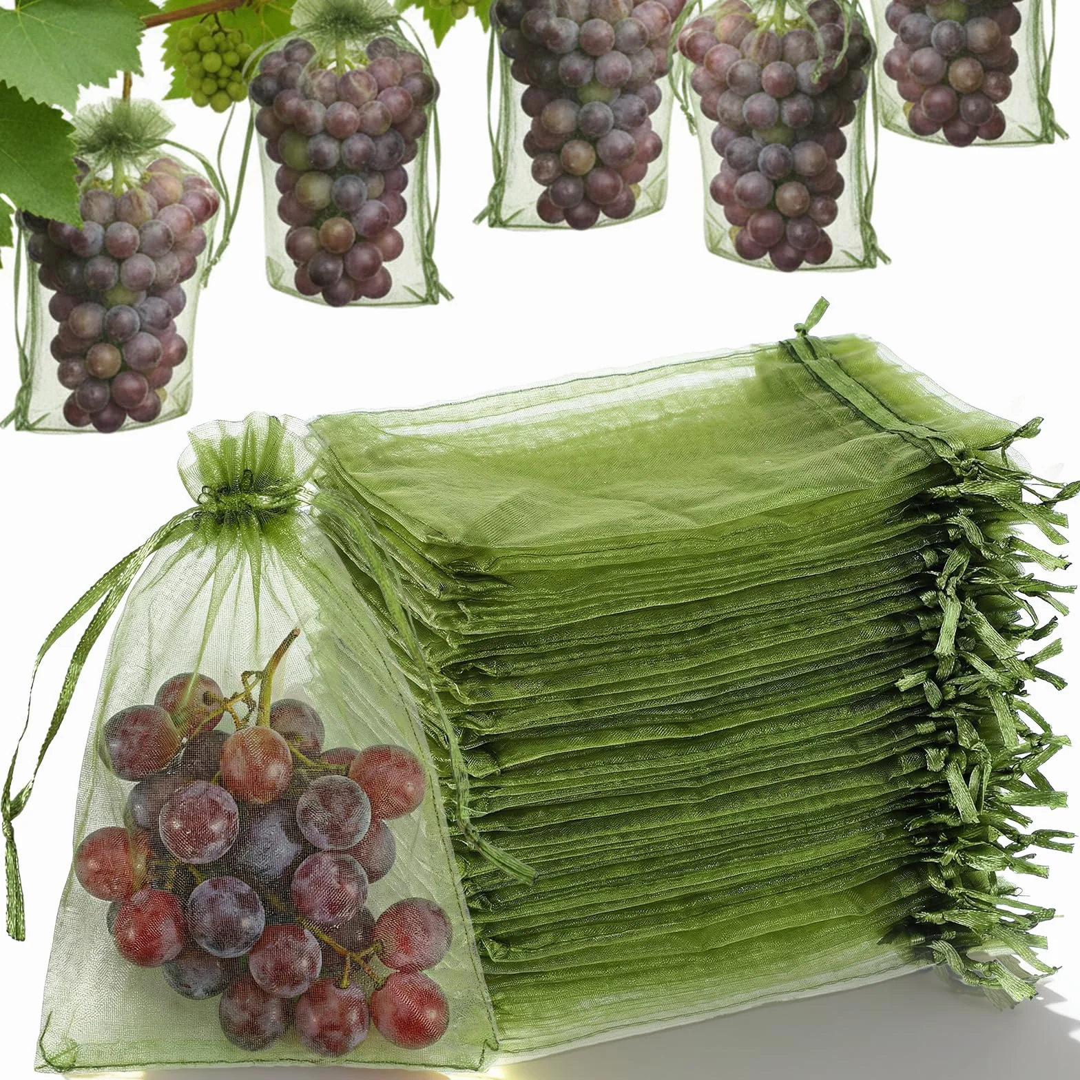 Bolsas protectoras para uvas de organza 15 x 10 cm con cordón, protección contra avispas (verde)