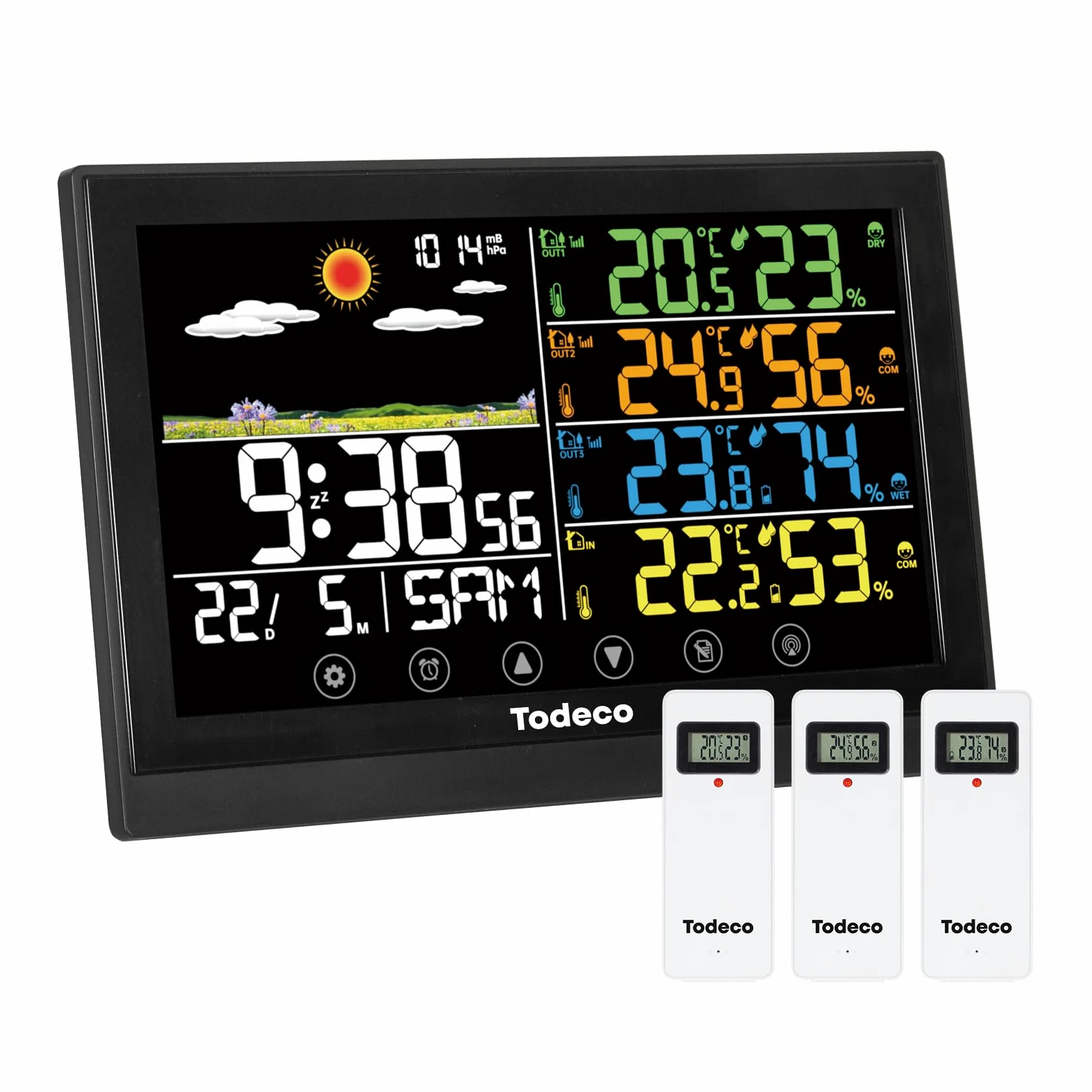 Todeco Estación Meteorológica con 3 Sensores, Pantalla Color | Temperatura, humedad y previsión meteorológica, adaptador AC, alarma, calendario y DST automático