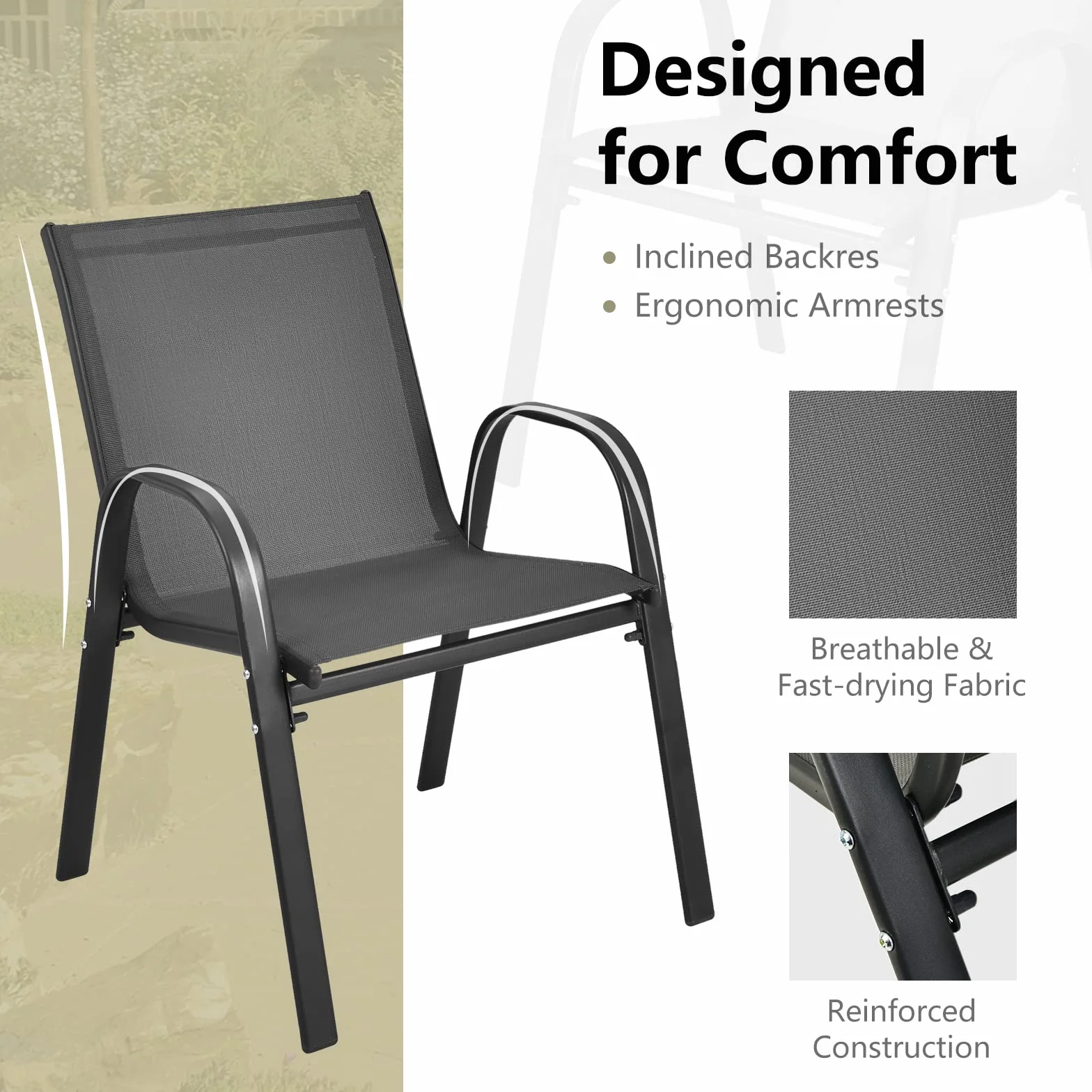 GIANTEX Conjunto de Muebles de Jardín 3 Piezas, Sillas Apilables, Marco de Metal, Mesa de Café con Tablero de Vidrio, Negro