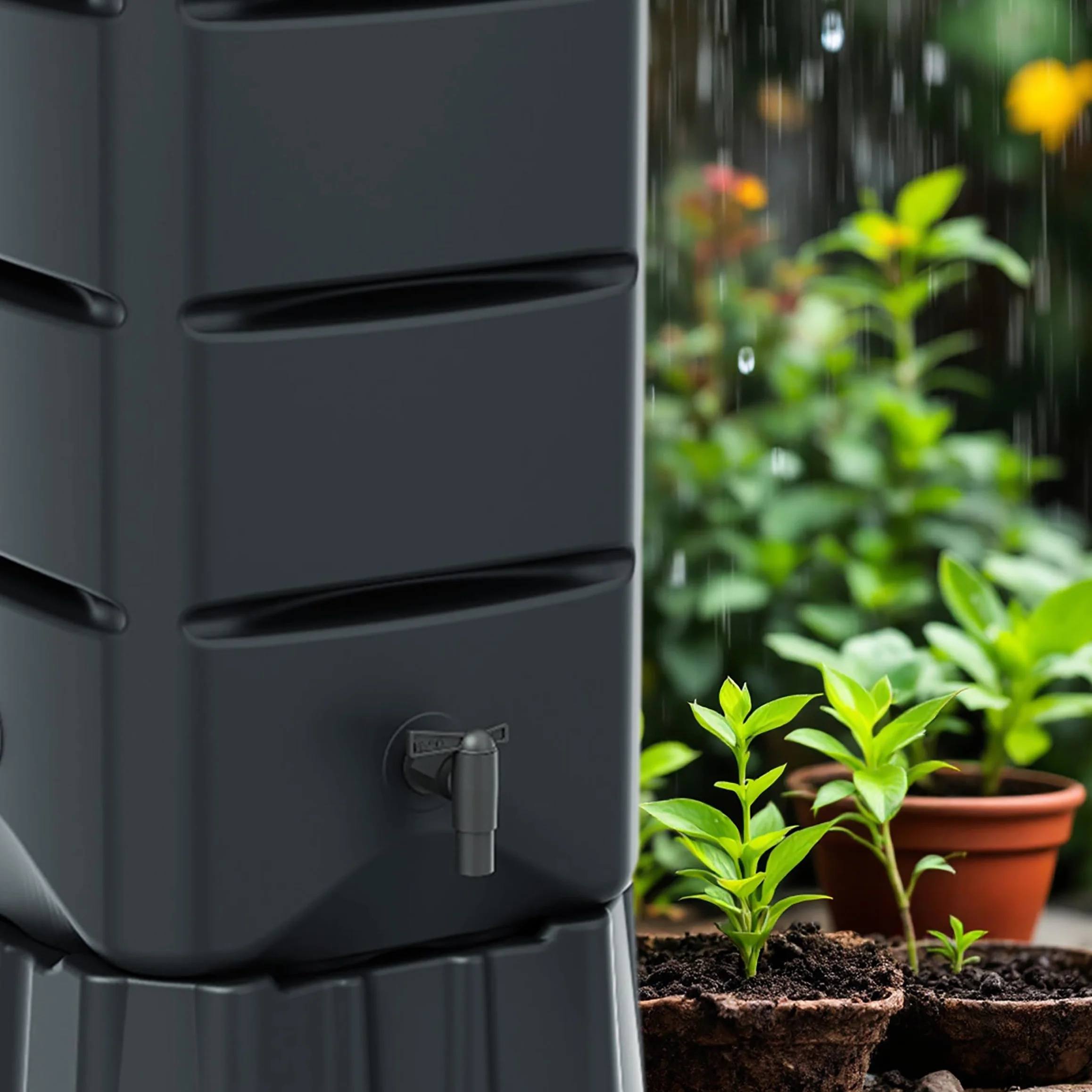 Depósito de lluvia antracita 120 L rectangular plástico gris 130 x 37 cm con grifo y soporte