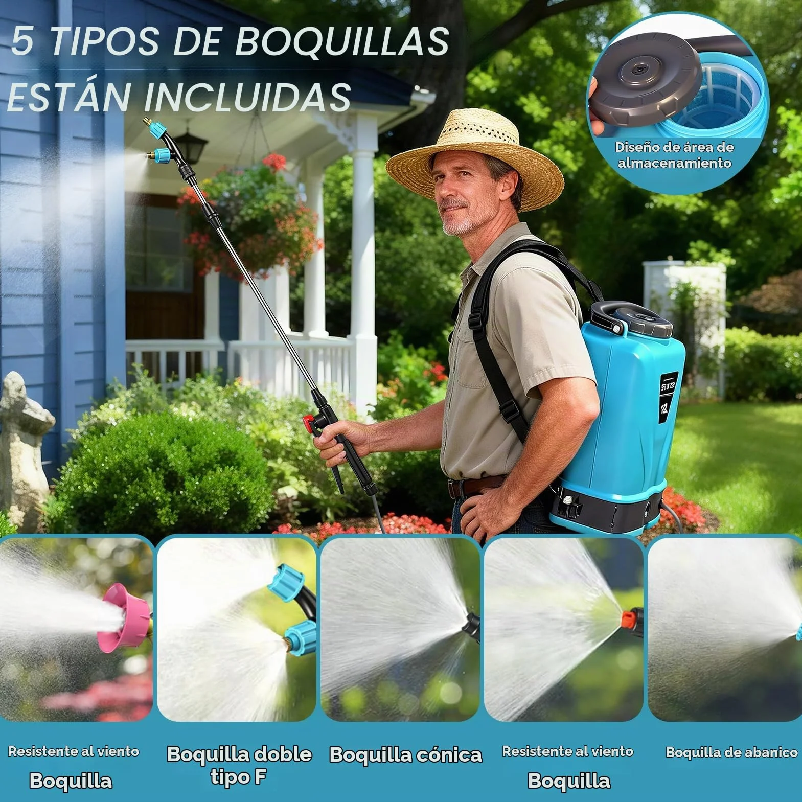 Viugreum 12L Pulverizador de Mochila a Batería, 12V Pulverizador Eléctrico de Jardín con 5 Boquillas de Nebulización, Lanza Telescópica y Correa Ajustable para Riego, Irrigación y Mantenimiento