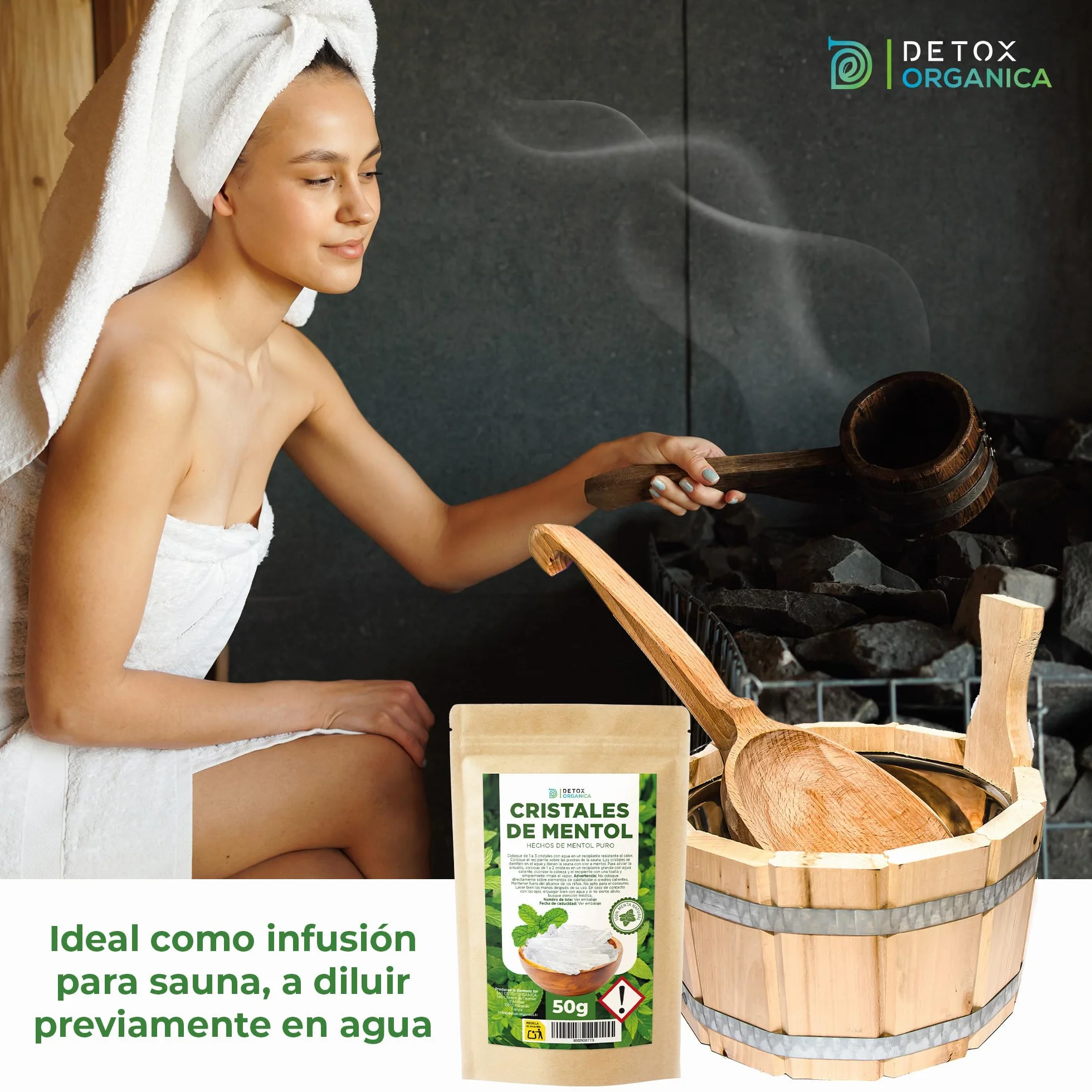 Detox Organica Cristales de Mentol 50g - Hechos 100% de Pura Menta - Menthol Crystals Ideales como Infusión para el Sauna, Baño, Congestión Nasal - Hechos en Alemania