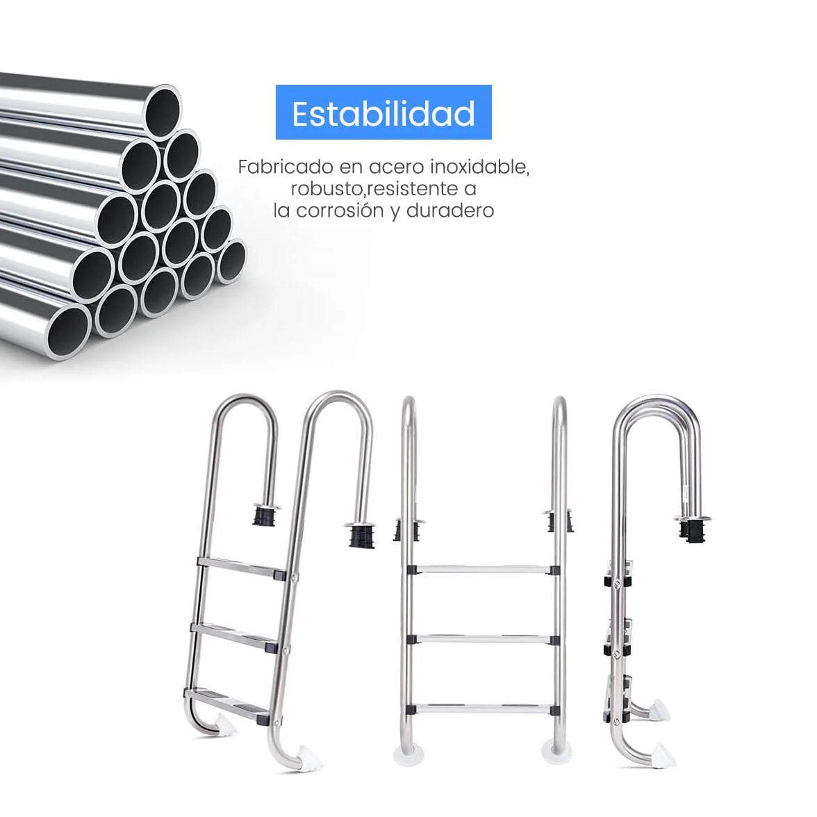 RELAX4LIFE Escalera de Piscina Acero Inoxidable 3 Peldaños Antideslizantes Desmontable 150kg 55x25x132,5cm