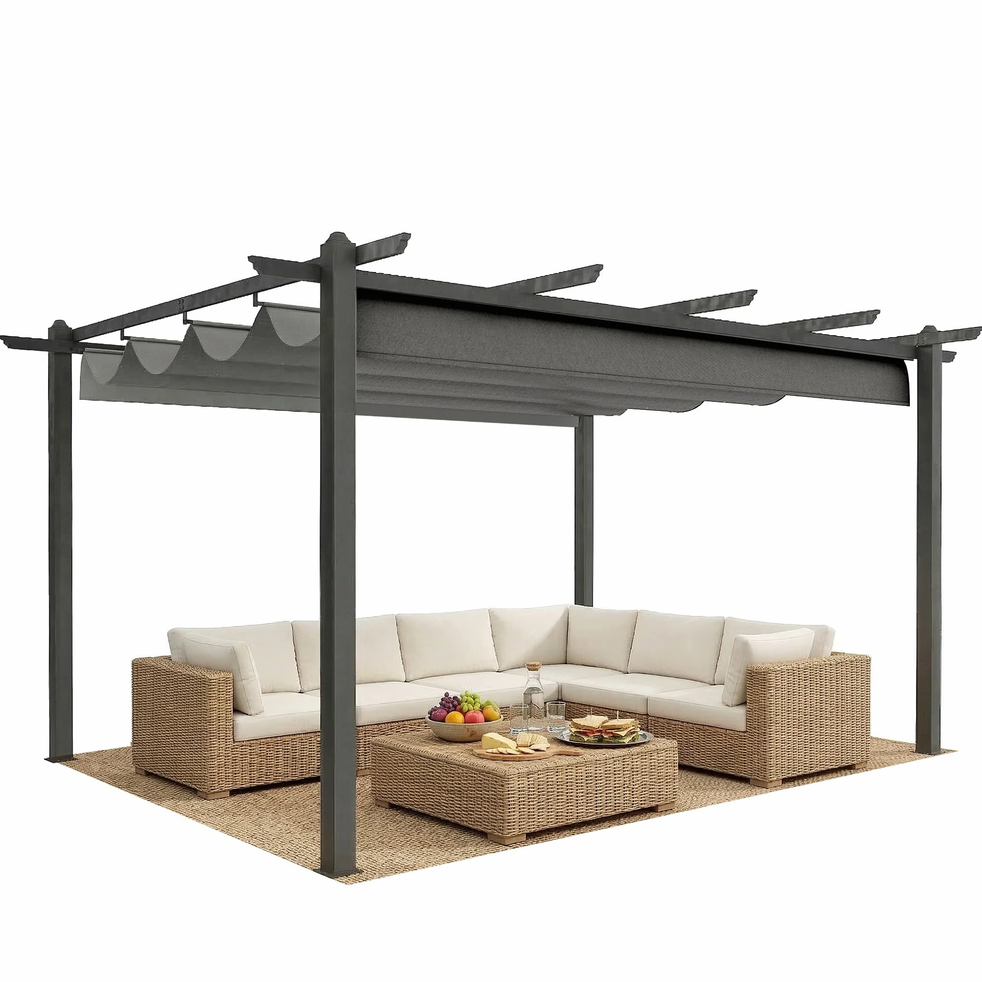 Outsunny Pérgola de Jardín 4x3 m con Techo Retráctil, Cenador de Jardín con Estructura de Aluminio, UPF30+, Orificios de Drenaje, Pabellón para Exterior, Patio, Terraza, Gris