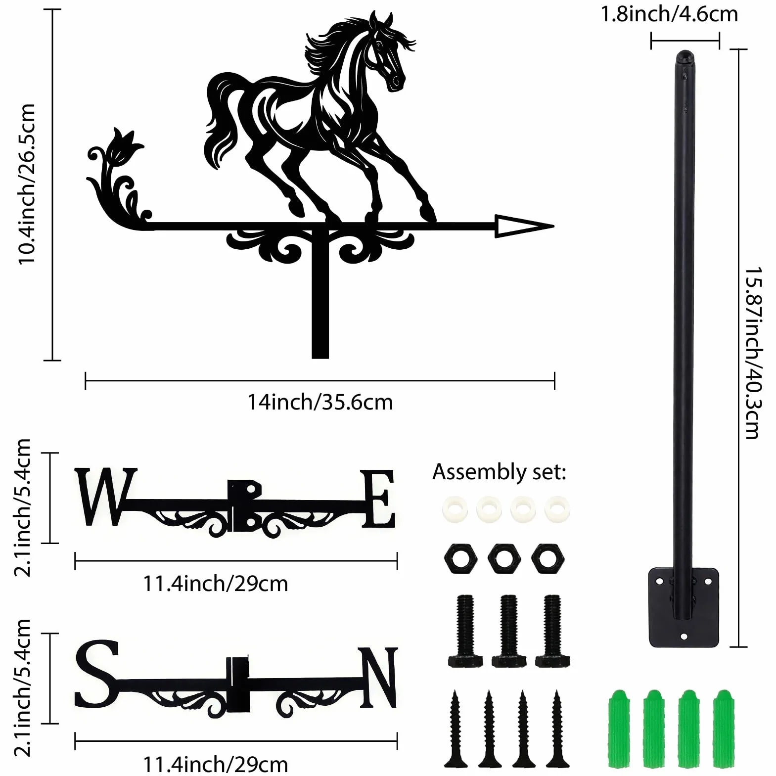 Veleta de Metal Caballo Negro Indicador Dirección Viento 9.9 x 14 Pulgadas