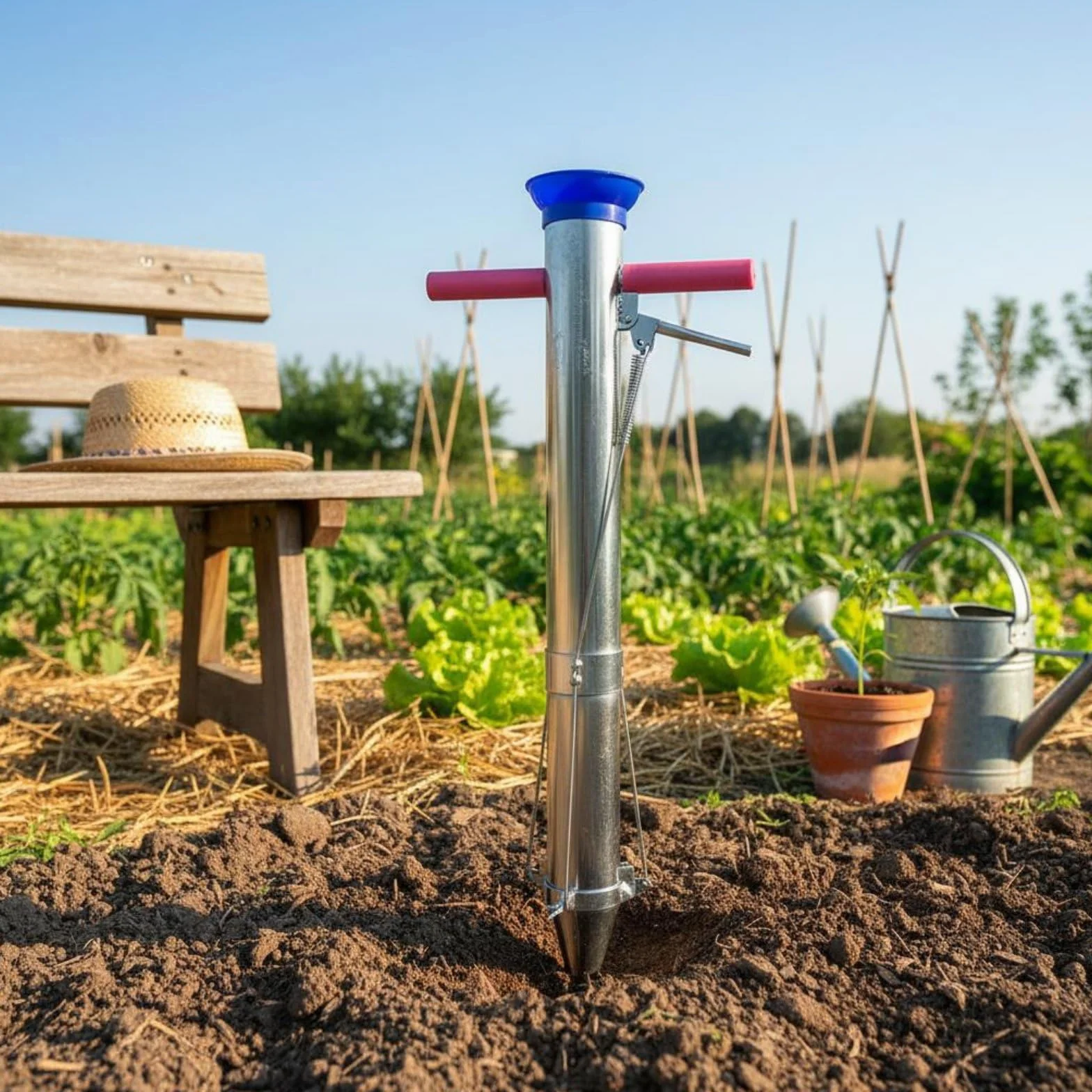 Plantador de para Trasplante de Semillas Herramienta Manual de Acero con Mango Ergonómico Punta de Pétalos Uso en Huertos Viveros, 2-Manija+2-Resorte