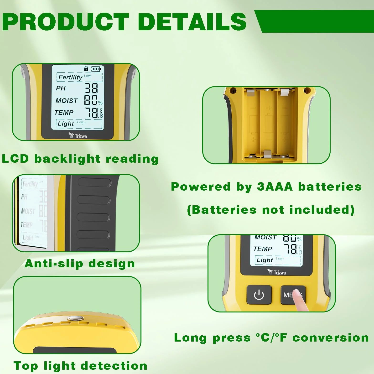 Medidor de Humedad de Plantas 5 en 1 PH Humedad Temperatura Luz Solar con Pantalla LCD Retroiluminada