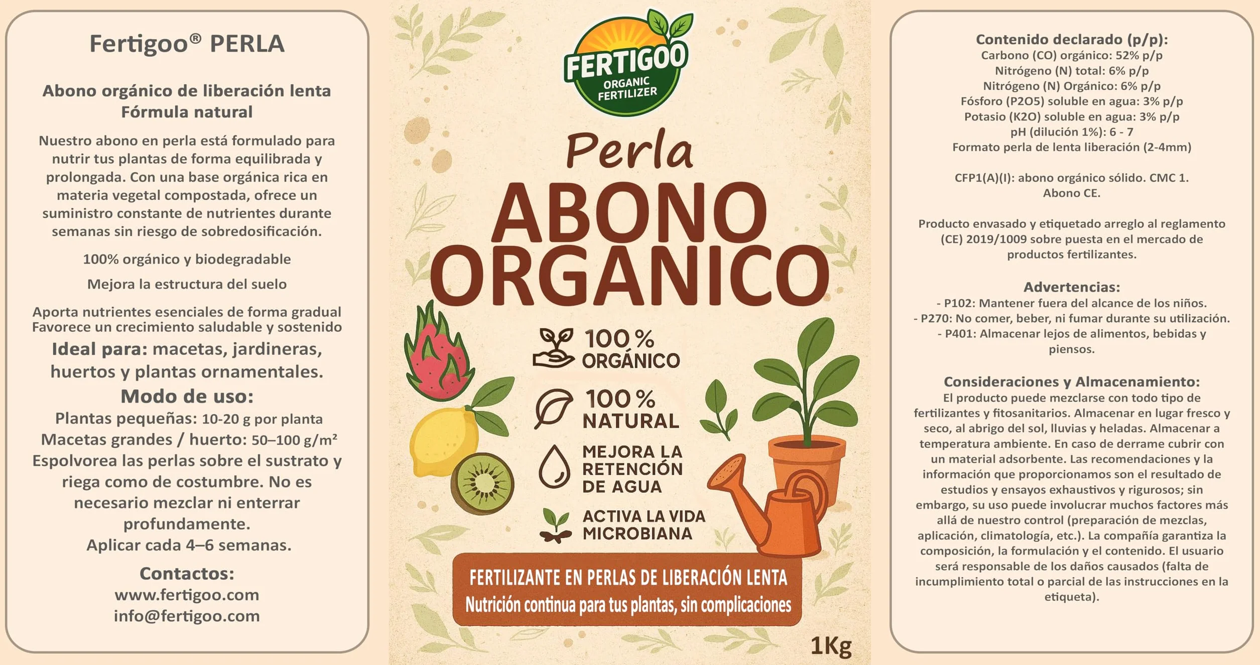 Fertigoo® Abono Orgánico 1kg Gránulos Liberación Lenta para Plantas Frutales y Huerto