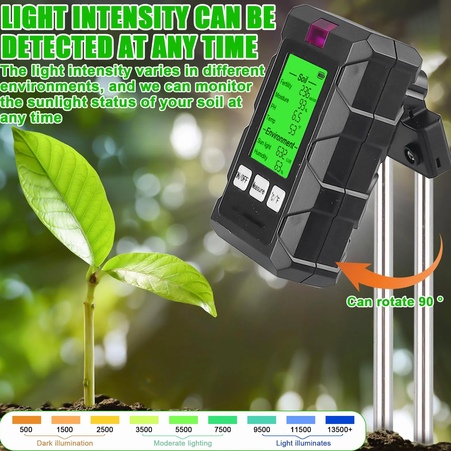 Vegena Medidor de humedad 6 en 1 para plantas, medidor de suelo pH temperatura luz solar humedad ambiental