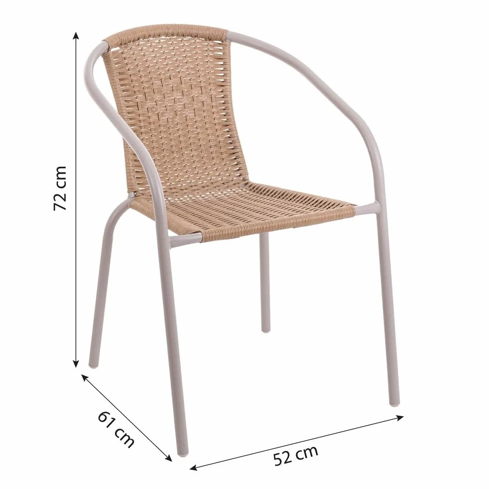 MONTY Conjunto Jardín Exterior Mesa Cristal Templado Ø60cm 2 Sillones Ratan Beige Apilables