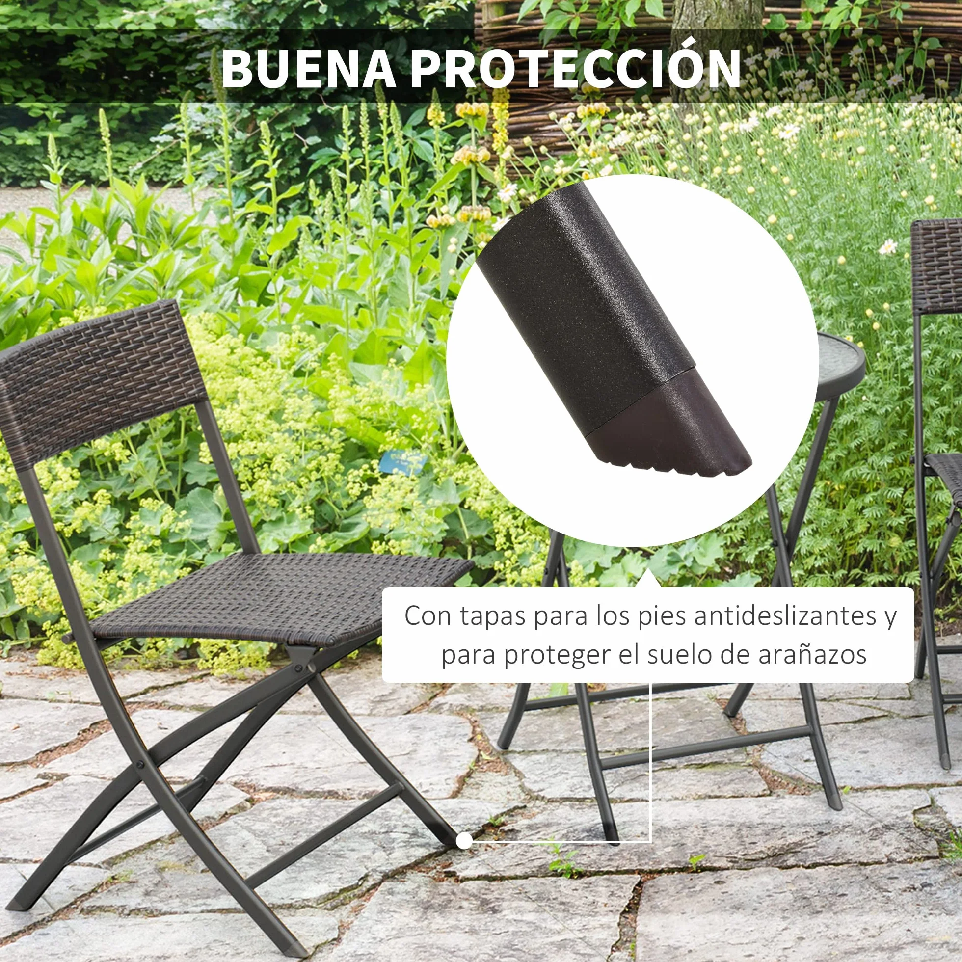 Outsunny Conjunto de Muebles de Jardín Mesa y 2 Sillas Ratán Sintético Plegables con Mesa de Vidrio Marrón