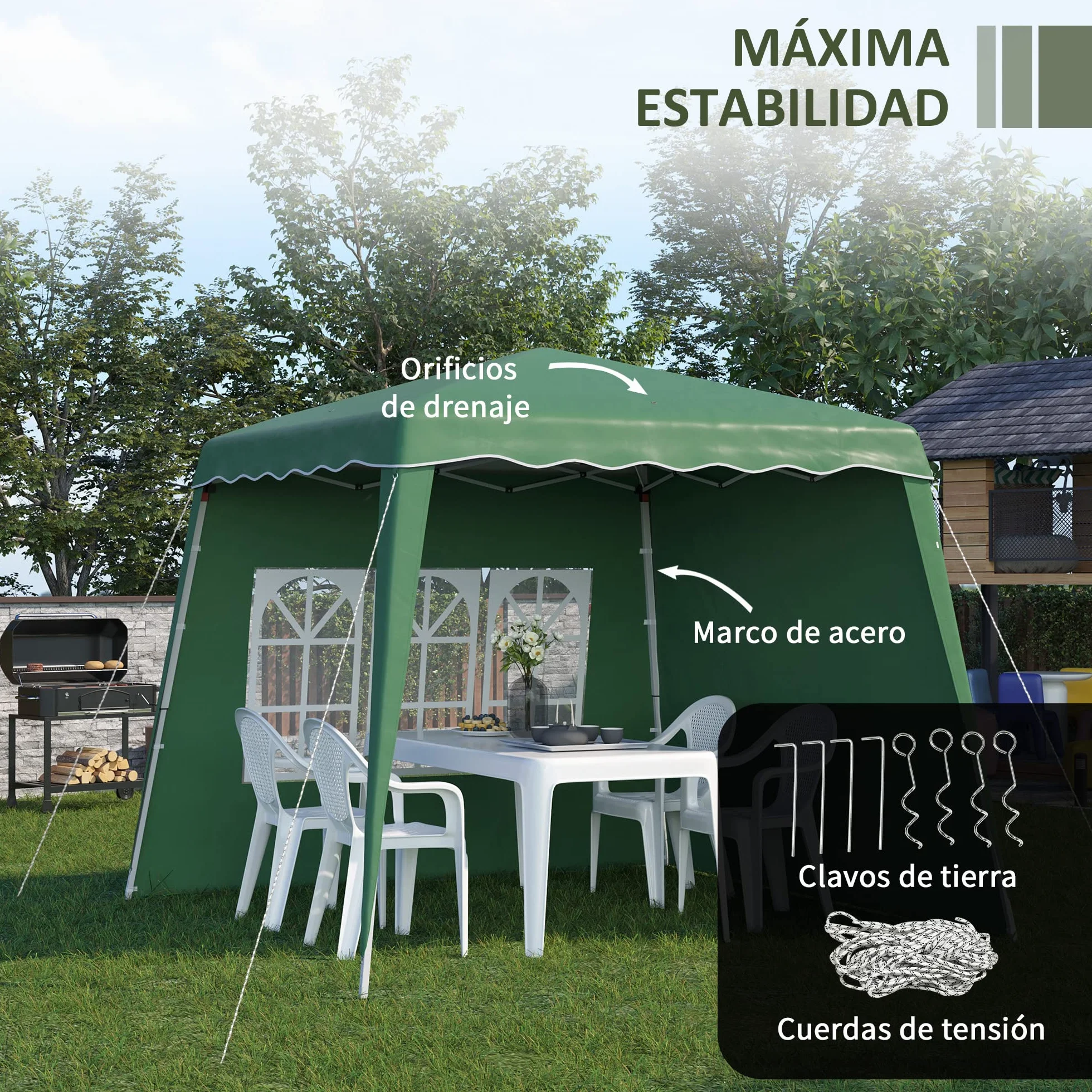Outsunny Carpa Plegable Pop-up 3x3 m Cenador Pabellón de Jardín con 2 Paredes Laterales Altura Ajustable y Bolsa de Transporte Protección UV50+ Impermeable Gazebo para Camping Fiestas Exterior Verde