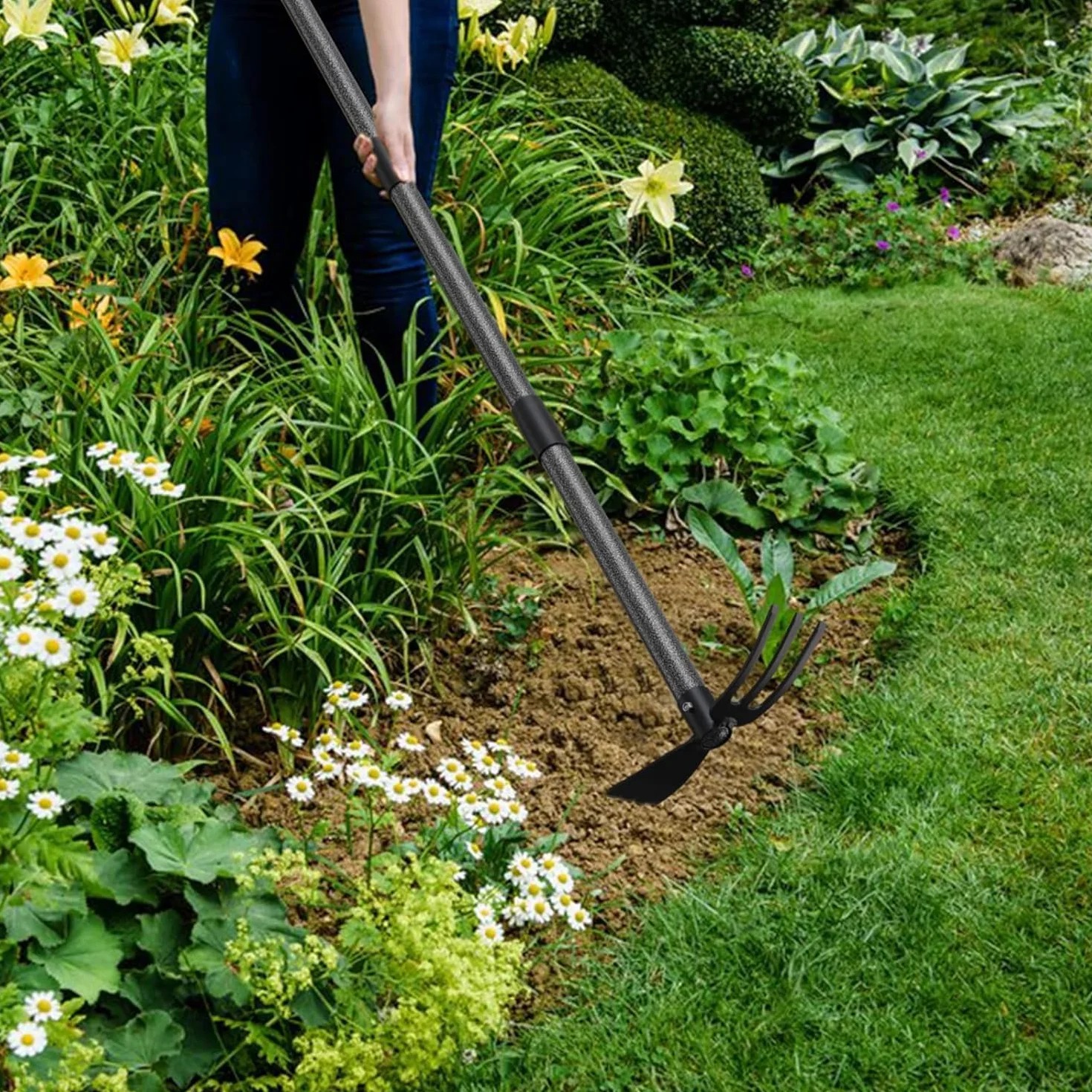 Azada de jardín 2 en 1, 114 cm, cubo tridente con mango largo ajustable para jardinería
