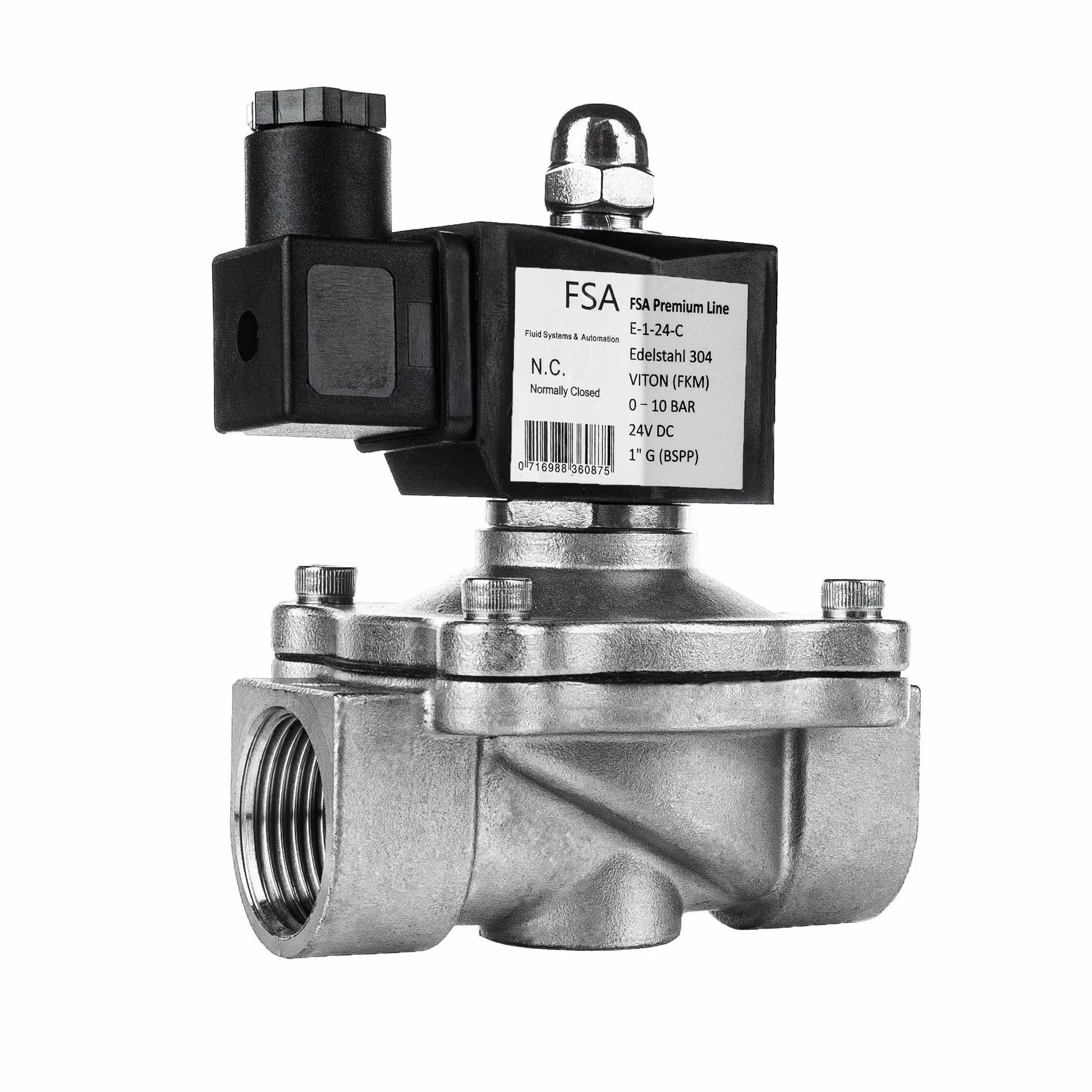 FSA Válvula Magnética de Acero Inoxidable 304 1" 24V DC 0-10 bar Viton cerrada