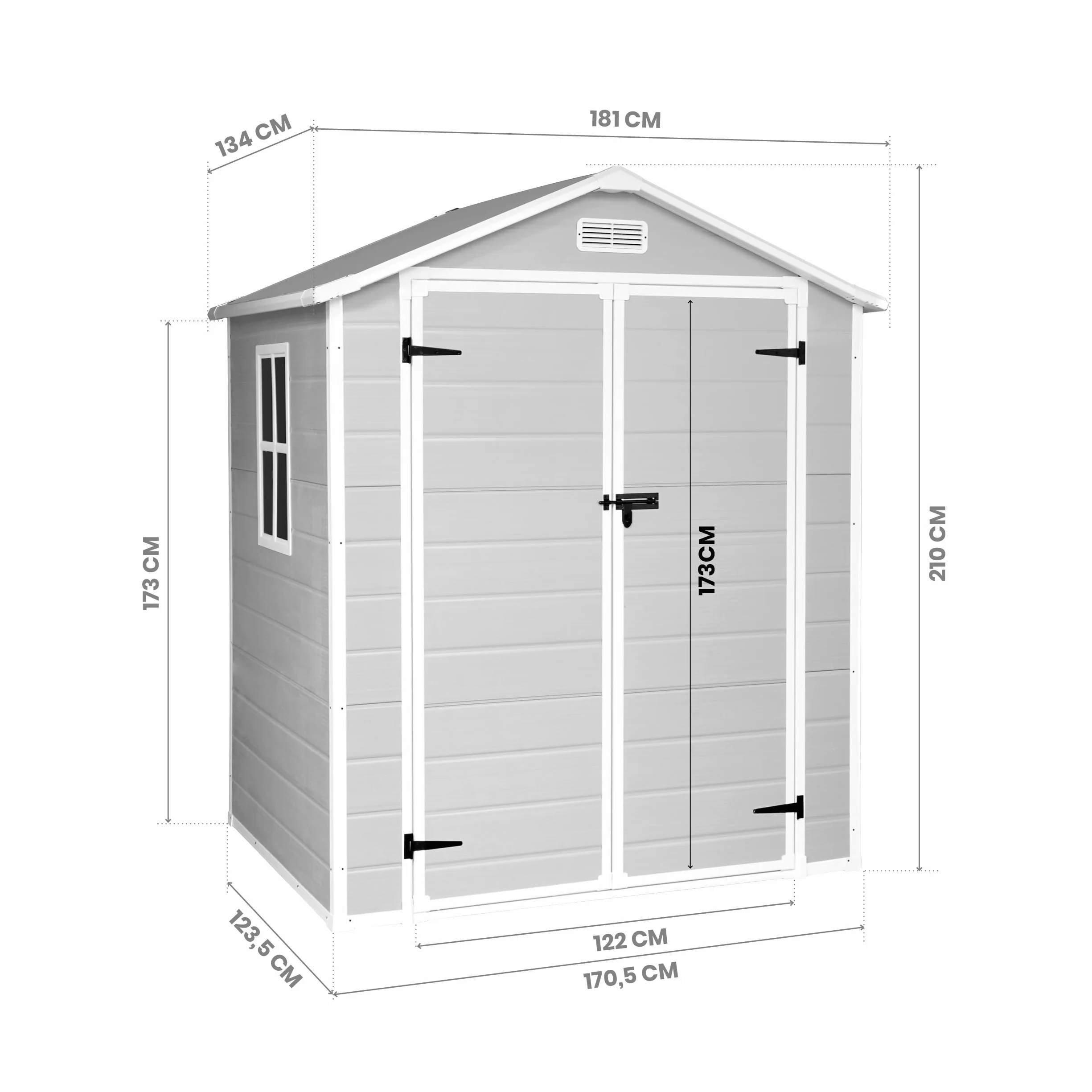 Caseta Jardín Resina Aqua 2.6 Ventana Luz Natural Suelo Incluido Paneles 12mm Gris Blanco Armario PVC Exterior 2,39m2 Techo Dos Aguas