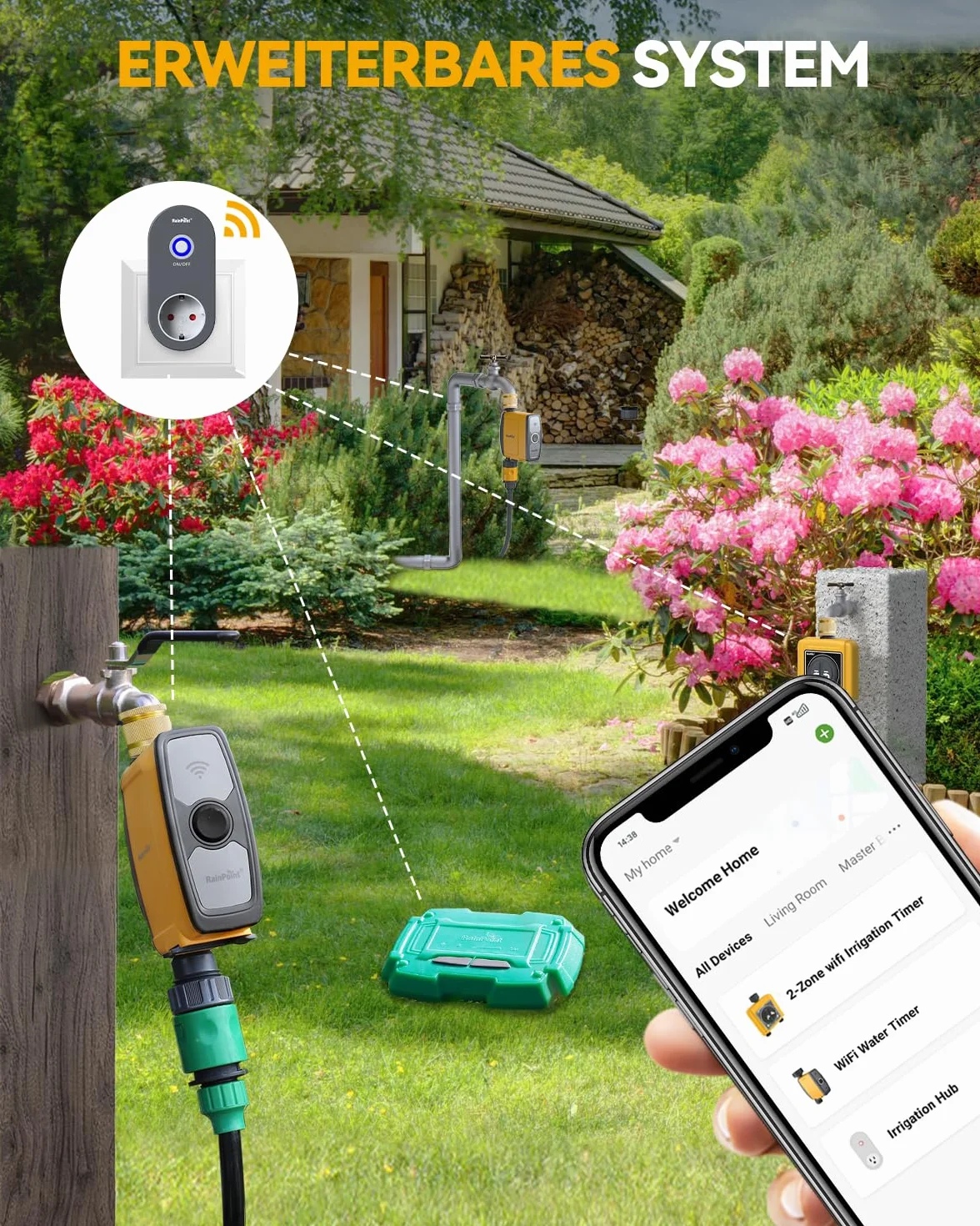 RAINPOINT Programador Riego WiFi 2.4 GHz, Temporizador Automático con App, Control por Voz, para Jardín Invernadero